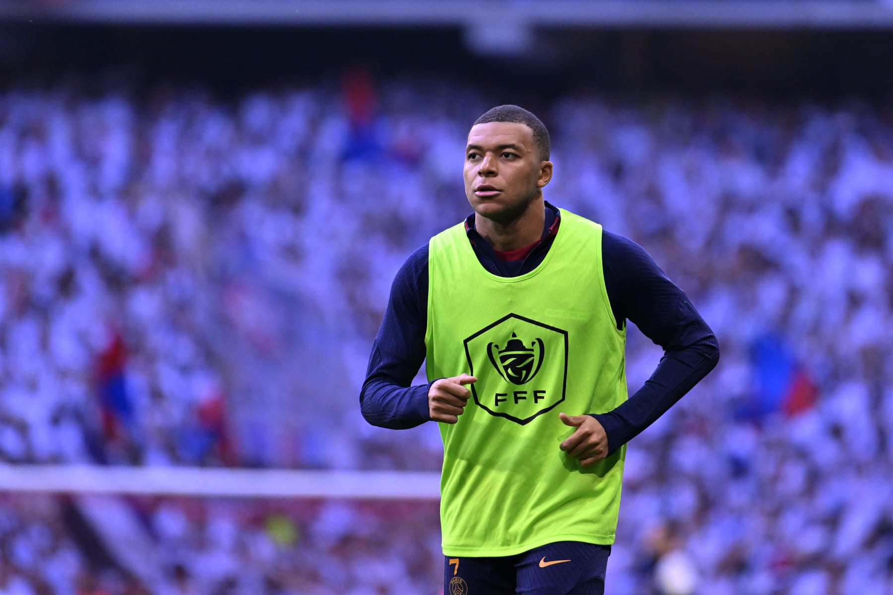 LILLE, FRANCE - MAY 25: Kylian Mbappe of Paris Saint-Germain looks on during warmup before the French Cup final match between Paris Saint-Germain and Olympique Lyonnais at Stade Pierre Mauroy on May 25, 2024 in Lille, France. (Photo by Aurelien Meunier - PSG/PSG via Getty Images)