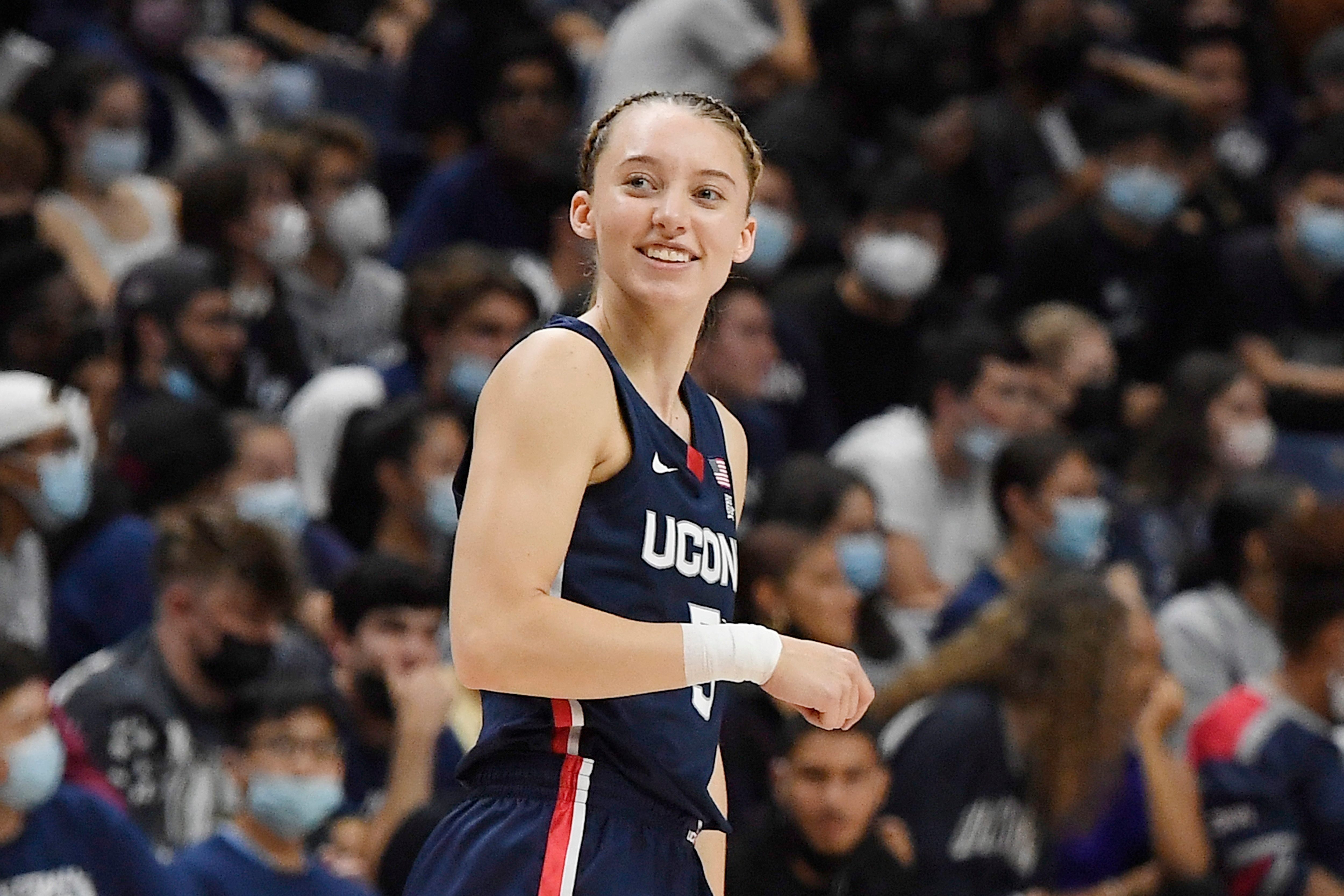 Connecticut's Paige Bueckers during UConn's men's and women's basketball teams annual First Night celebration, Friday, Oct. 15, 2021, in Storrs, Conn. (AP Photo/Jessica Hill)