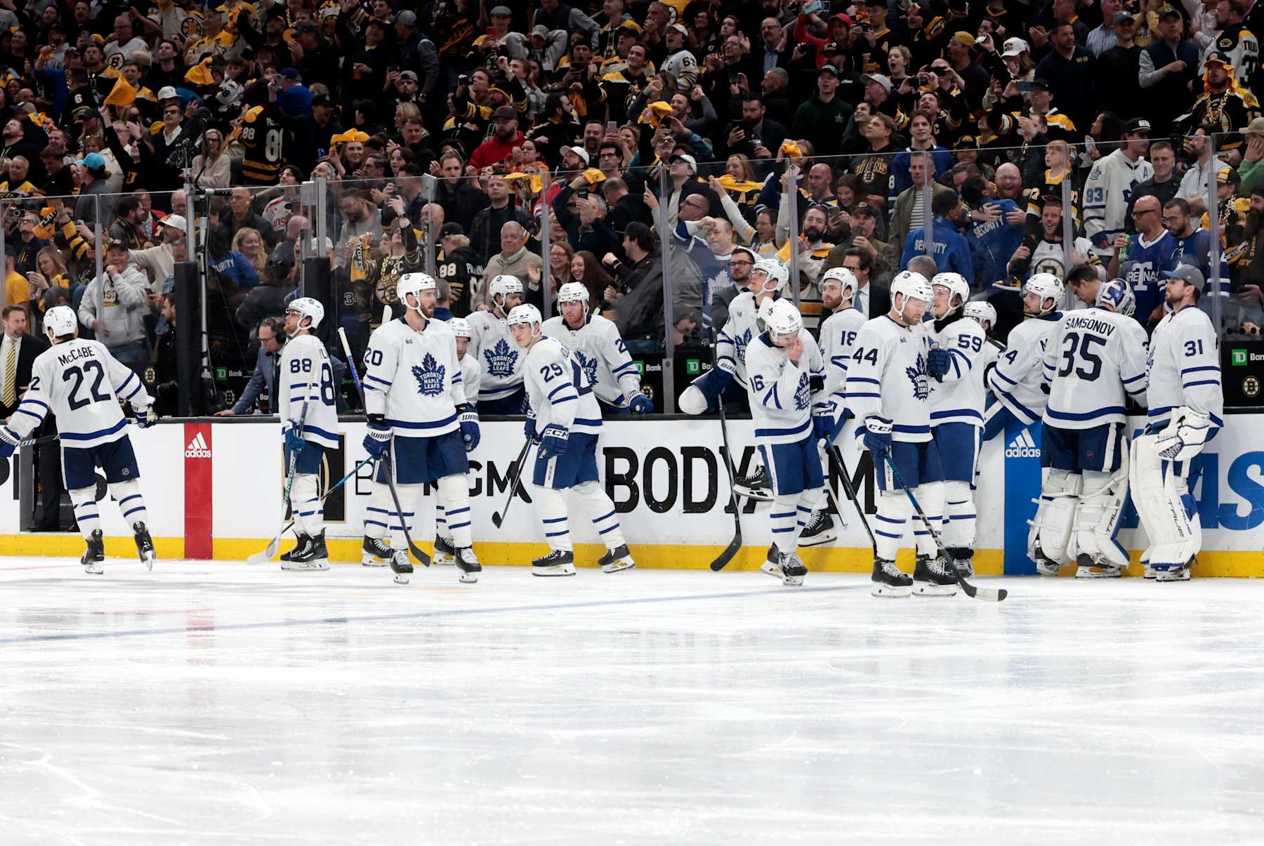 BOSTON, MA - MAY 04: Toronto look on after Game 7 of the Eastern Conference First Round playoffs between the Boston Bruins and the Toronto Maple Leafs on May 4, 2024, at TD Garden in Boston, Massachusetts. (Photo by Fred Kfoury III/Icon Sportswire via Getty Images)