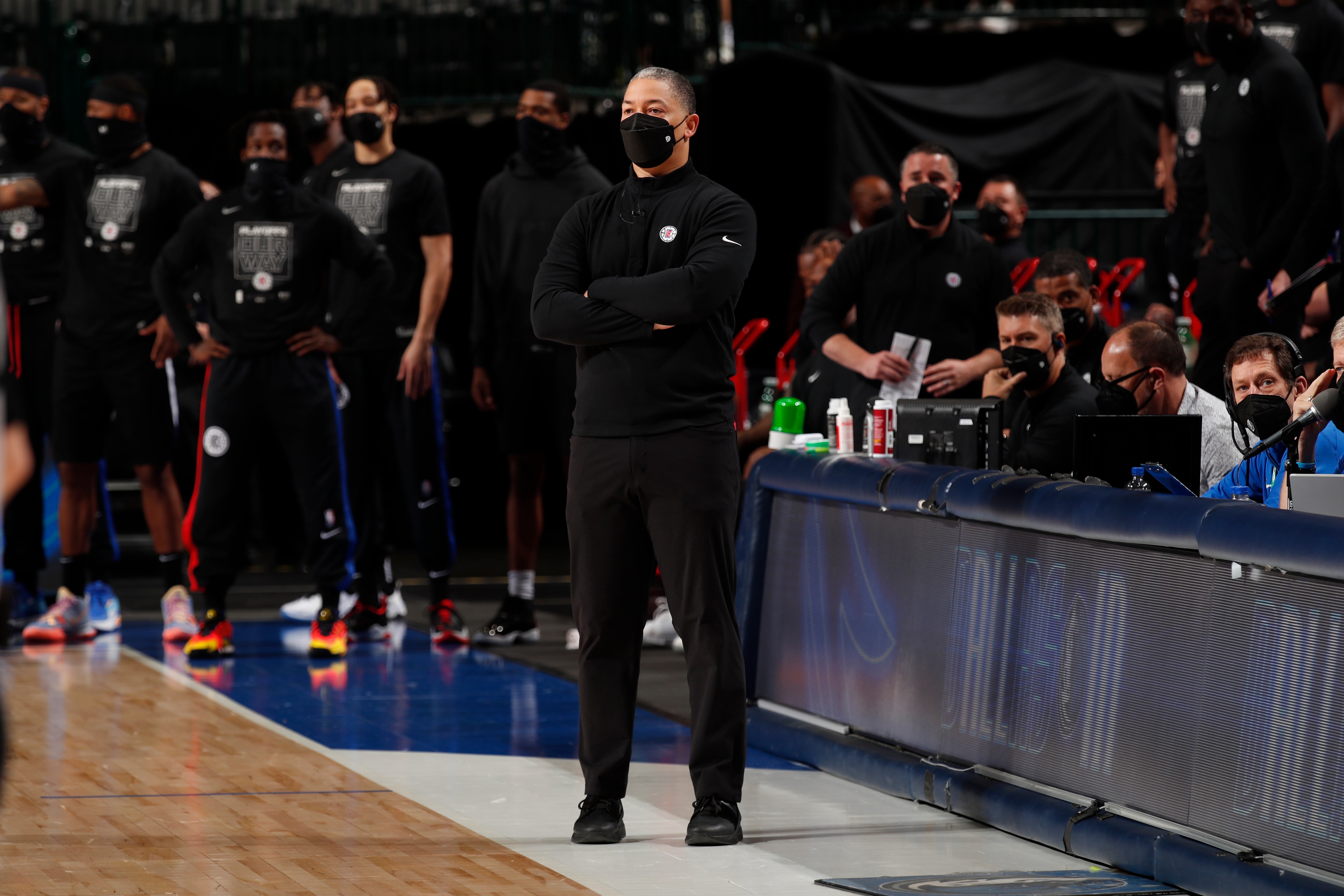 DALLAS, TX - MAY 30: Head Coach Tyronn Lue of the Los Angeles Clippers looks on during the game against the Dallas Mavericks during Round 1, Game 3 of the 2021 NBA Playoffs on May 30, 2021 at the American Airlines Center in Dallas, Texas. NOTE TO USER: User expressly acknowledges and agrees that, by downloading and or using this photograph, User is consenting to the terms and conditions of the Getty Images License Agreement. Mandatory Copyright Notice: Copyright 2021 NBAE (Photo by Jeff Haynes/NBAE via Getty Images) DALLAS, TX - MAY 30: Head Coach Tyronn Lue of the Los Angeles Clippers looks on during the game against the Dallas Mavericks during Round 1, Game 3 of the 2021 NBA Playoffs on May 30, 2021 at the American Airlines Center in Dallas, Texas. NOTE TO USER: User expressly acknowledges and agrees that, by downloading and or using this photograph, User is consenting to the terms and conditions of the Getty Images License Agreement. Mandatory Copyright Notice: Copyright 2021 NBAE (Photo by Jeff Haynes/NBAE via Getty Images)