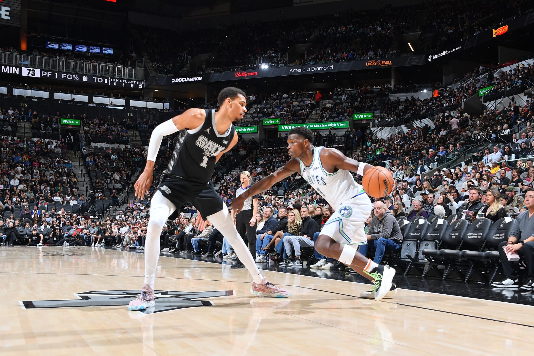 SAN ANTONIO, TX - JANUARY 27: Anthony Edwards #5 of the Minnesota Timberwolves dribbles the ball during the game against the San Antonio Spurs on January 27, 2024 at the Frost Bank Center in San Antonio, Texas. NOTE TO USER: User expressly acknowledges and agrees that, by downloading and or using this photograph, user is consenting to the terms and conditions of the Getty Images License Agreement. Mandatory Copyright Notice: Copyright 2024 NBAE (Photos by Michael Gonzales/NBAE via Getty Images)
