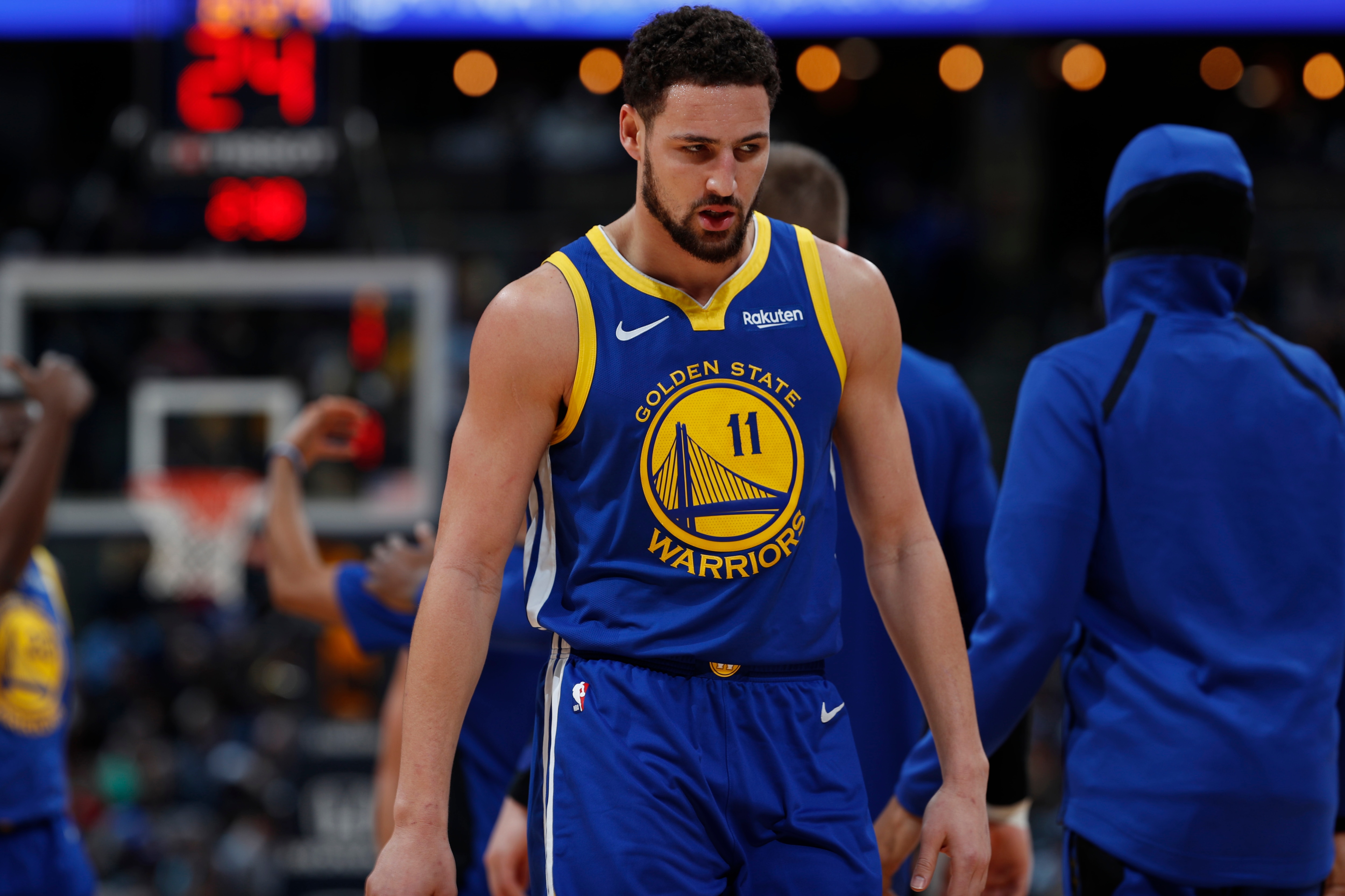 Golden State Warriors guard Klay Thompson (11) in the second half of an NBA basketball game Tuesday, Jan. 15, 2019, in Denver. The Warriors won 142-111. (AP Photo/David Zalubowski)