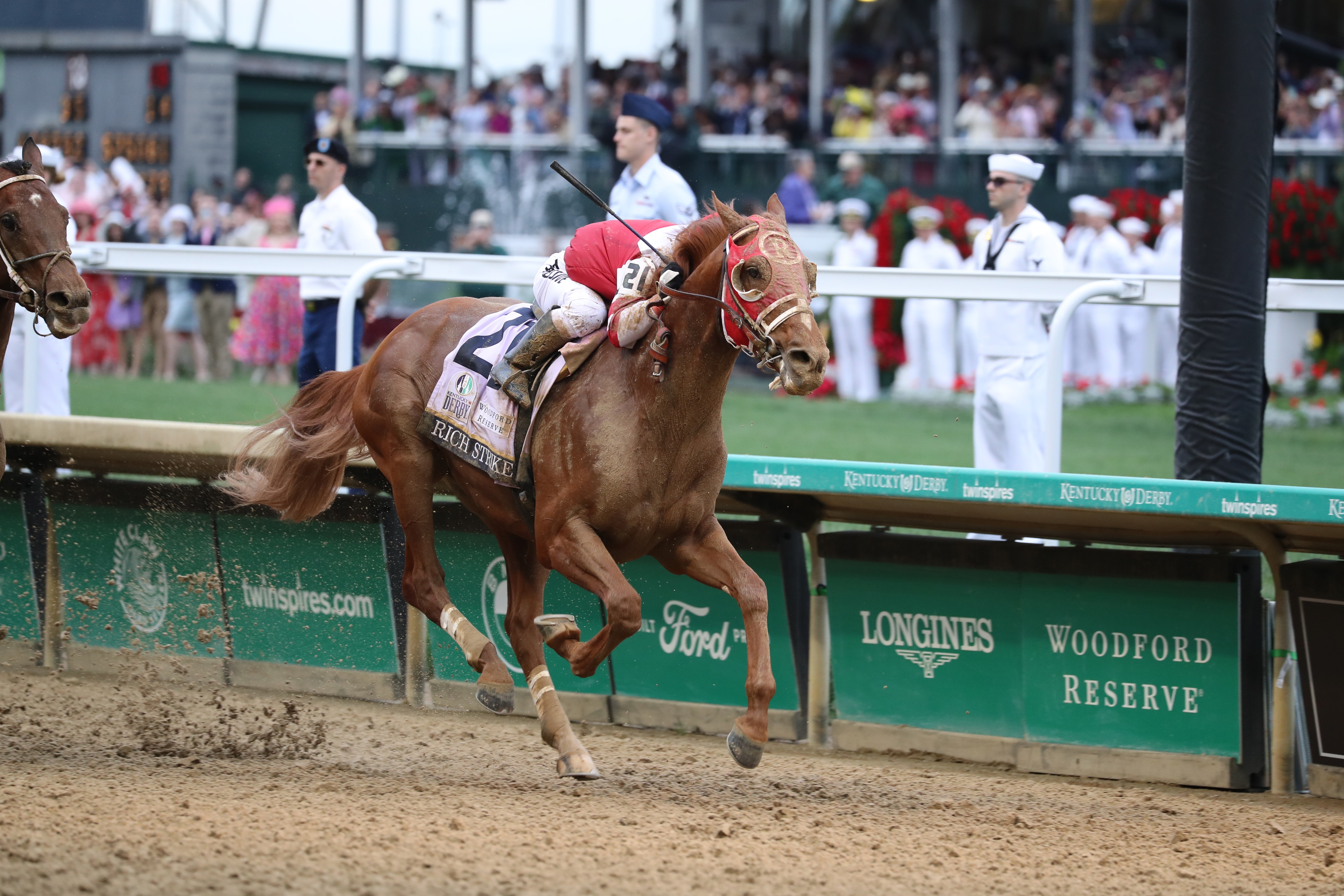 LOUISVILLE, KY - MAY 07 Rich Strike with Sonny Leon riding wins the 148th Kentucky Derby at Churchill Downs Race Track on May 6, 2022 in Louisville, KY. (Photo by Horsephotos/Getty Images)