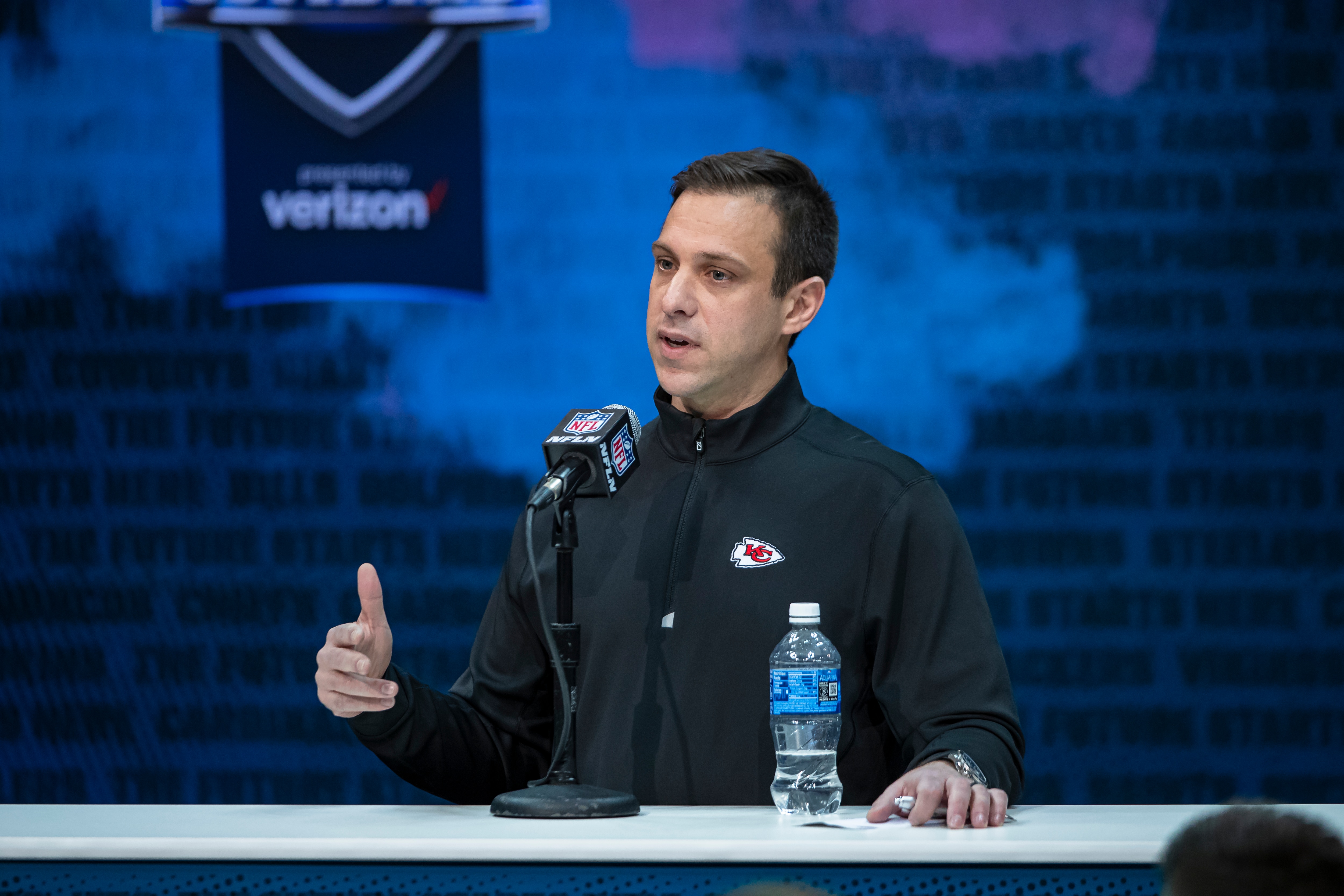 INDIANAPOLIS, IN - FEBRUARY 25: General manager Brett Veach of the Kansas City Chiefs speaks to the media at the Indiana Convention Center on February 25, 2020 in Indianapolis, Indiana. (Photo by Michael Hickey/Getty Images) *** Local Capture *** Brett Veach