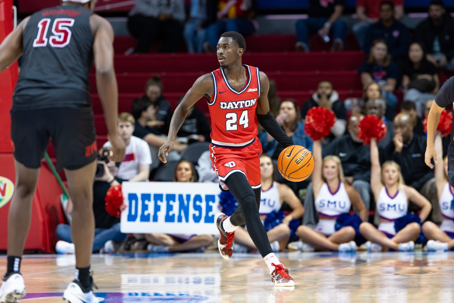 DALLAS, TX - NOVEMBER 29:  Dayton Flyers guard Kobe Elvis (#24) dribbles up court during the college basketball game between the SMU Mustangs and the Dayton Flyers on November 29, 2023 at Moody Colseum in Dallas, Texas.  (Photo by Matthew Visinsky/Icon Sportswire via Getty Images)
