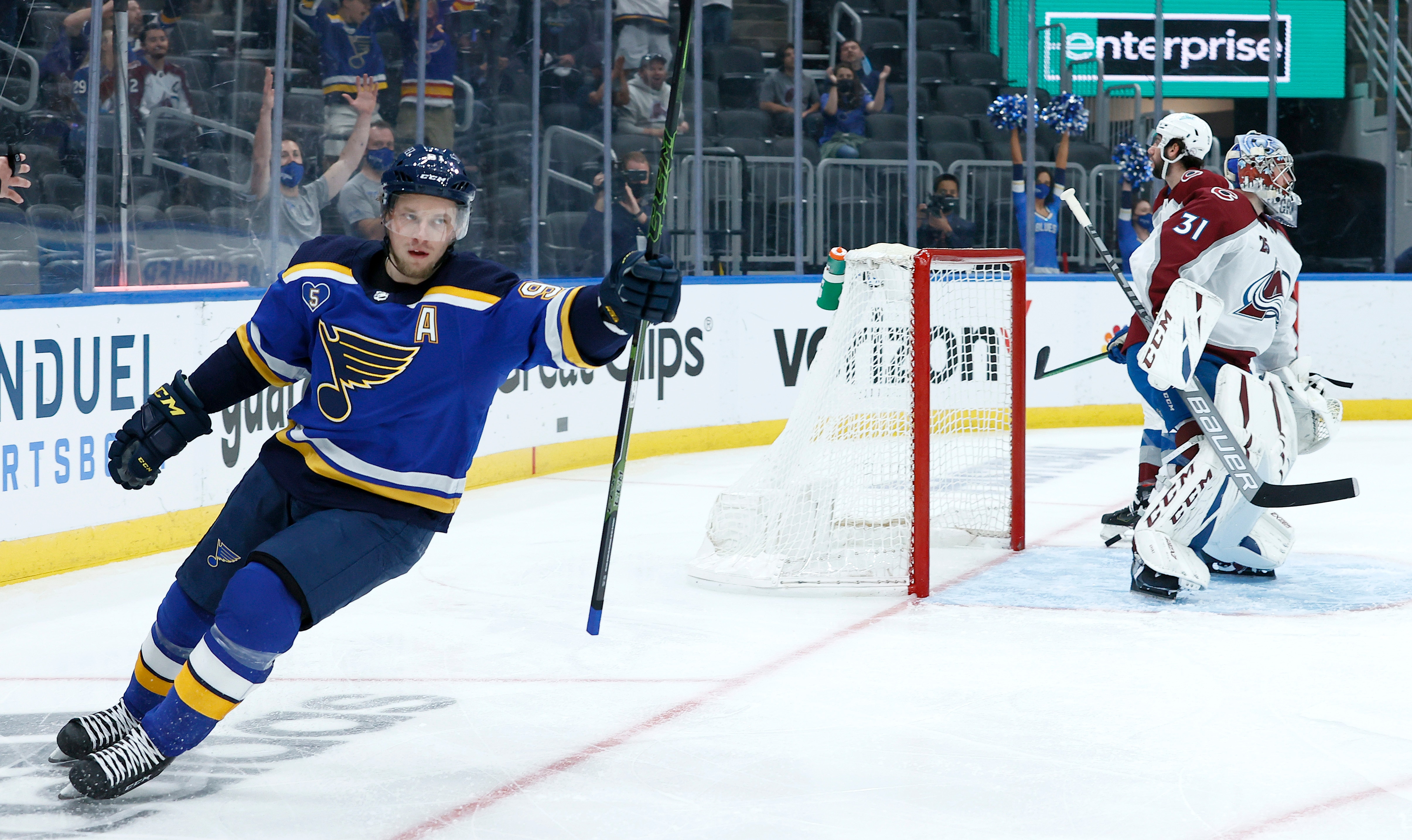 ST LOUIS, MISSOURI - MAY 23: Vladimir Tarasenko #91 of the St. Louis Blues celebrates after scoring a goal against Philipp Grubauer #31 of the Colorado Avalanche in the second period at Enterprise Center on May 23, 2021 in St Louis, Missouri. (Photo by Tom Pennington/Getty Images)