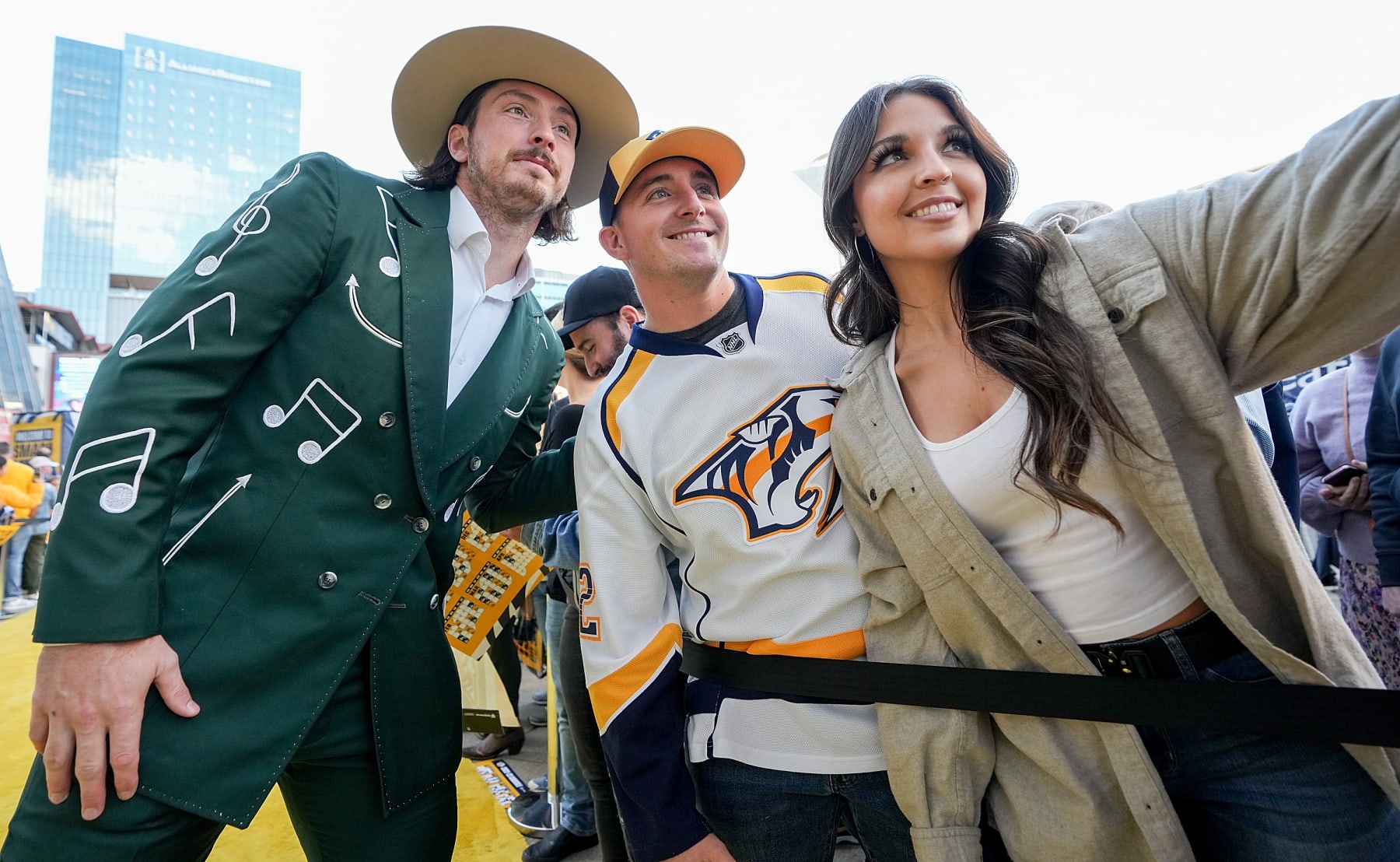 NASHVILLE, TENNESSEE - OCTOBER 13: Matt Duchene #95 of the Nashville Predators poses with fans on the Gold Walk prior to an NHL game against the Dallas Stars at Bridgestone Arena on October 13, 2022 in Nashville, Tennessee. (Photo by John Russell/NHLI via Getty Images)