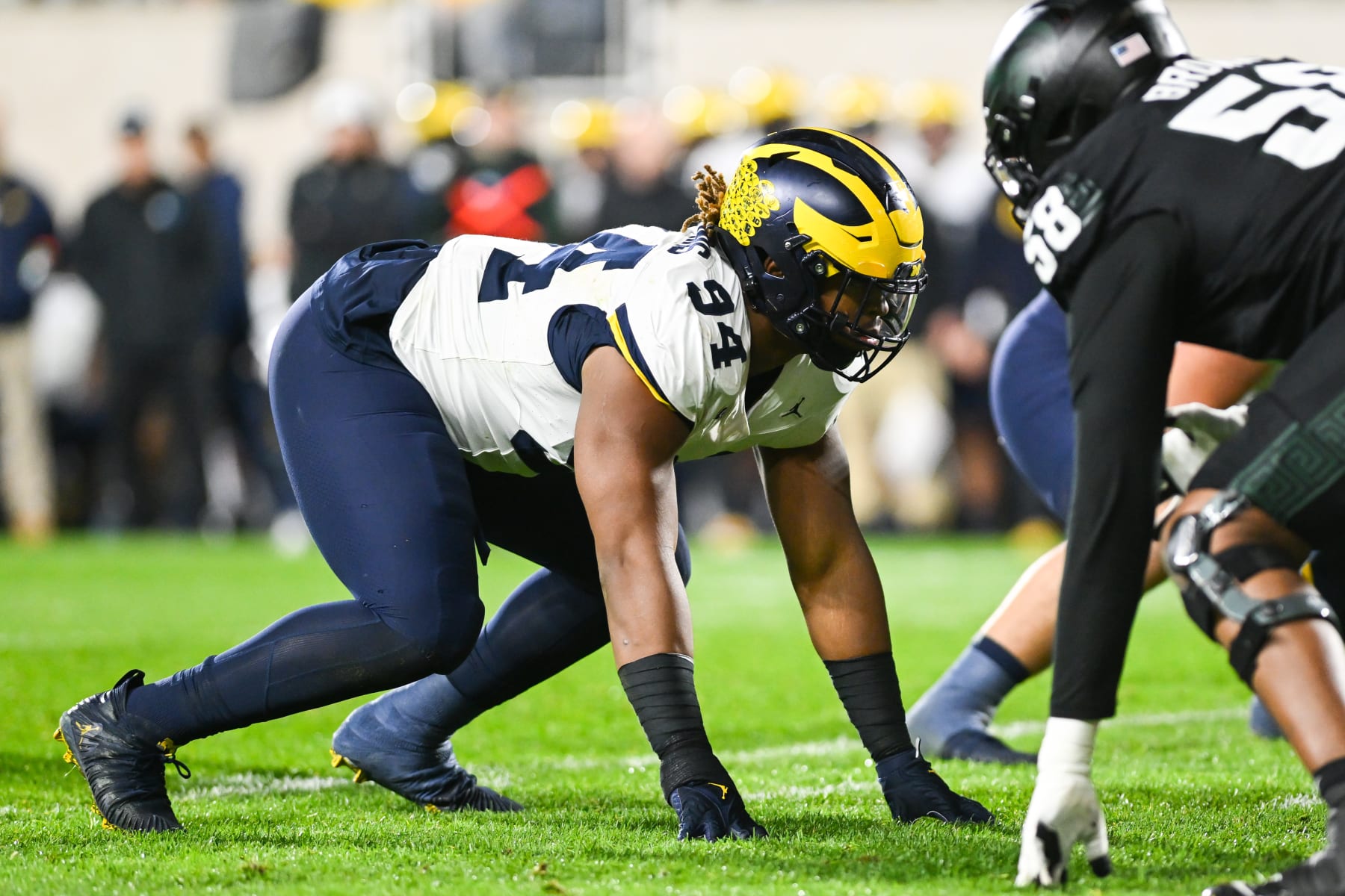 EAST LANSING, MI - OCTOBER 21: Michigan Wolverines defensive tackle Kris Jenkins (94) lines up for a snap during a college football game between the Michigan State Spartans and Michigan Wolverines on October 21, 2023 at Spartan Stadium in East Lansing, MI. (Photo by Adam Ruff/Icon Sportswire via Getty Images)