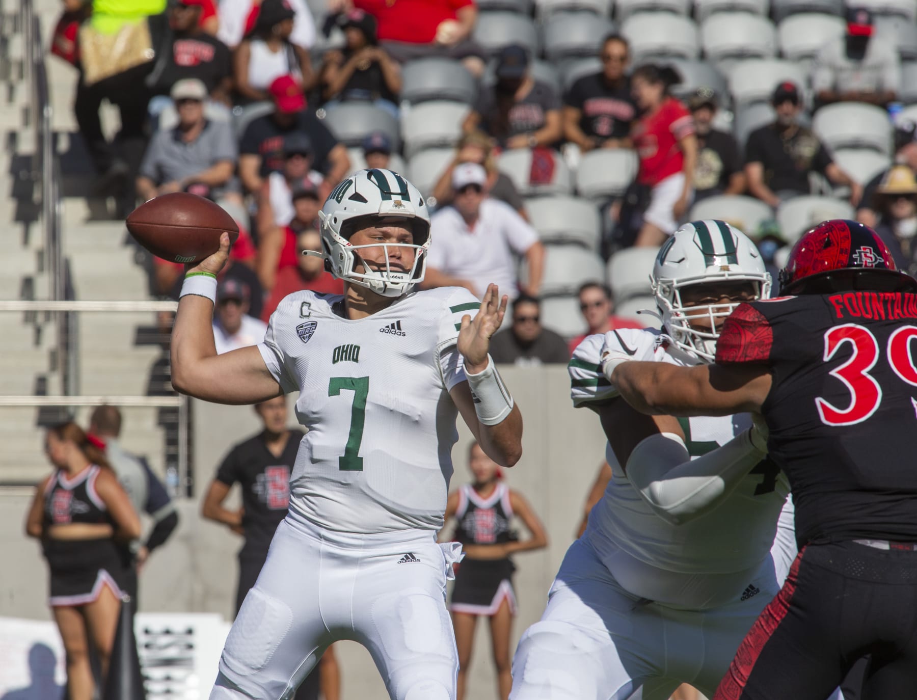 SAN DIEGO, CA - AUGUST 26: Ohio quarterback Kurtis Rourke (7) throws a pass in the first half of a college football game between the Ohio Bobcats and the San Diego State Aztecs on August 26, 2023, at Snapdragon Stadium in San Diego, California. (Photo by Tony Ding/Icon Sportswire via Getty Images)