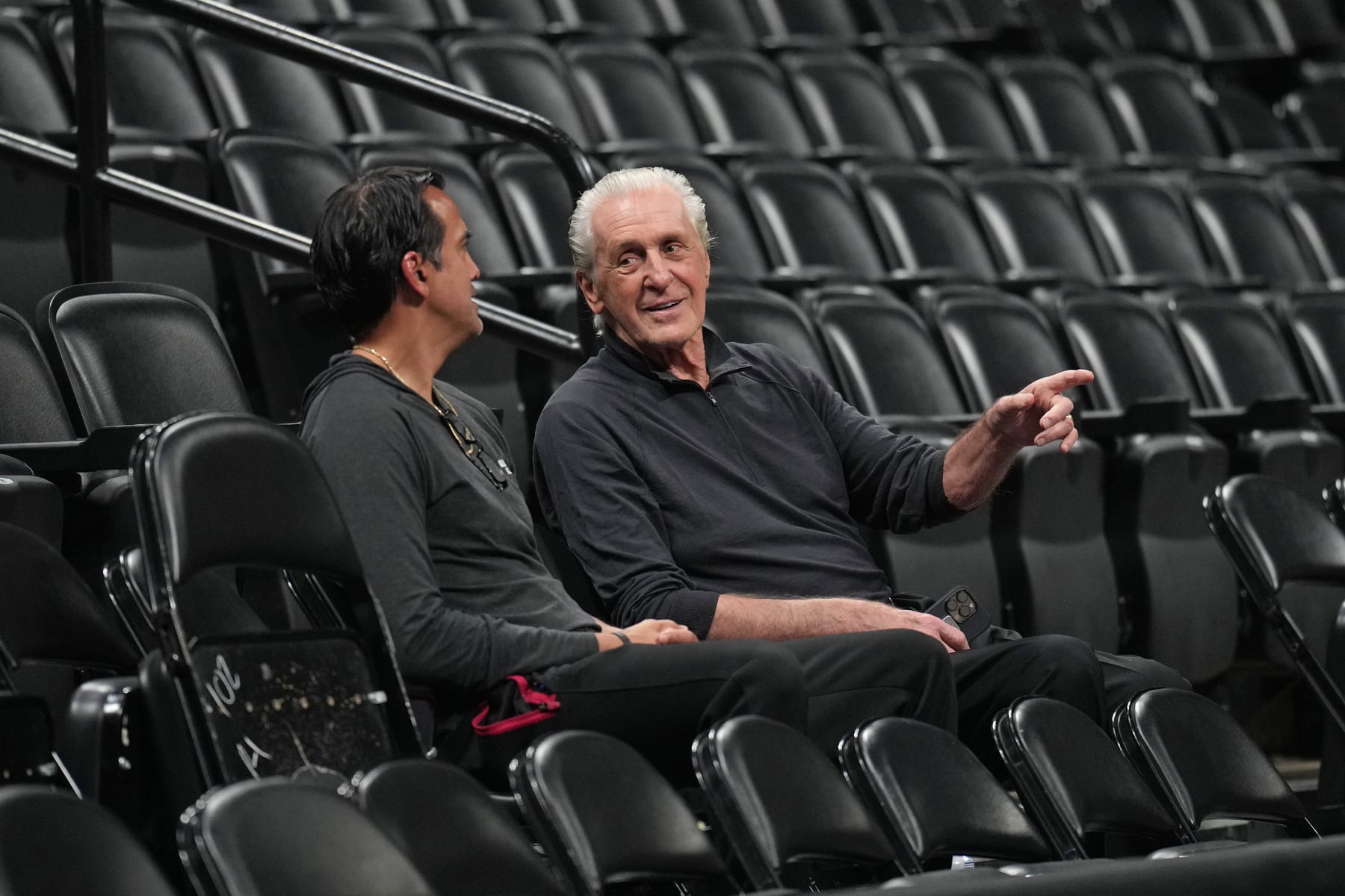 DENVER, CO - JUNE 3: Erik Spoelstra and Pat Riley of the Miami Heat talk during 2023 NBA Finals Practice and Media Availability on June 3, 2023 at the Ball Arena in Denver, Colorado. NOTE TO USER: User expressly acknowledges and agrees that, by downloading and/or using this Photograph, user is consenting to the terms and conditions of the Getty Images License Agreement. Mandatory Copyright Notice: Copyright 2023 NBAE (Photo by Jesse D. Garrabrant/NBAE via Getty Images)