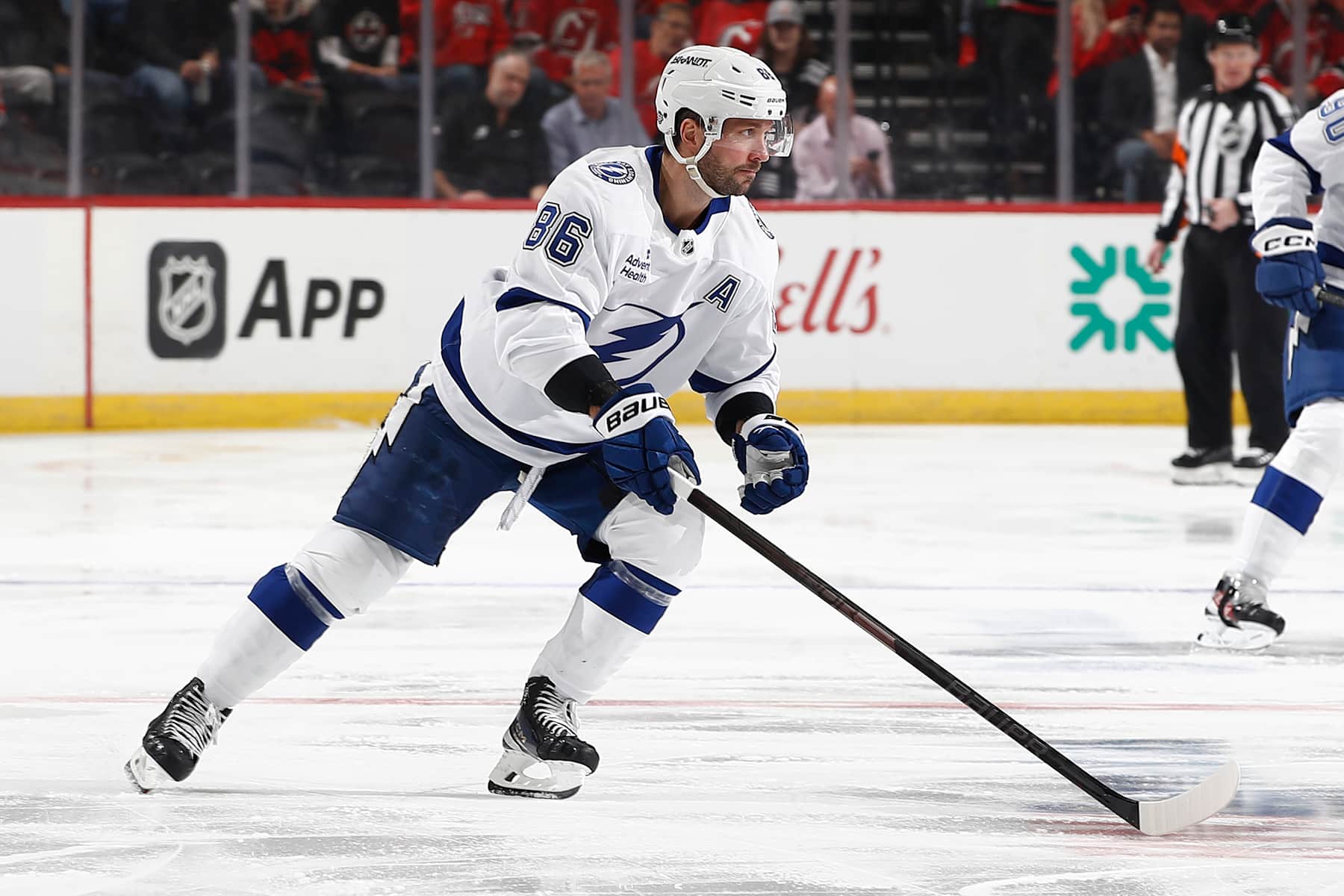 NEWARK, NEW JERSEY - OCTOBER 22: Nikita Kucherov #86 of the Tampa Bay Lightning in action during the first period against the New Jersey Devils at Prudential Center on October 22, 2024 in Newark, New Jersey. (Photo by Sarah Stier/Getty Images)