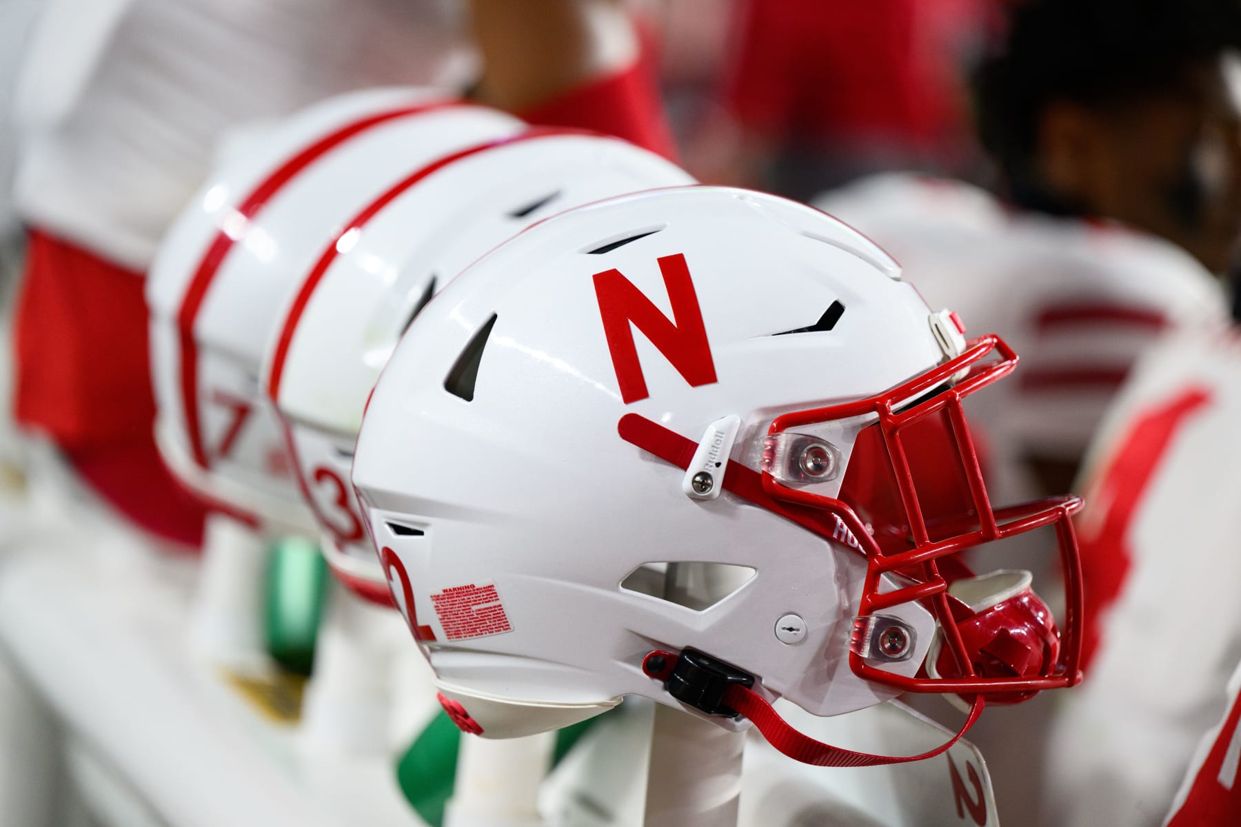 WEST LAFAYETTE, IN - OCTOBER 15: Nebraska Cornhuskers helmets sit on the sidelines during the college football game between the Purdue Boilermakers and Nebraska Cornhuskers on October 15, 2022, at Ross-Ade Stadium in West Lafayette, IN. (Photo by Zach Bolinger/Icon Sportswire via Getty Images)