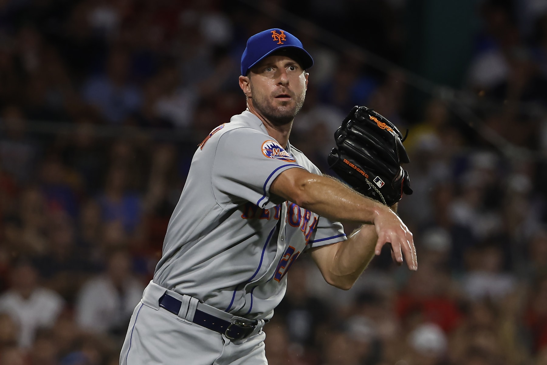 BOSTON, MA - JULY 22: Pitcher Max Scherzer #21 of the New York Mets throws to first against the Boston Red Sox during the sixth inning at Fenway Park on July 22, 2023 in Boston, Massachusetts. (Photo By Winslow Townson/Getty Images)
