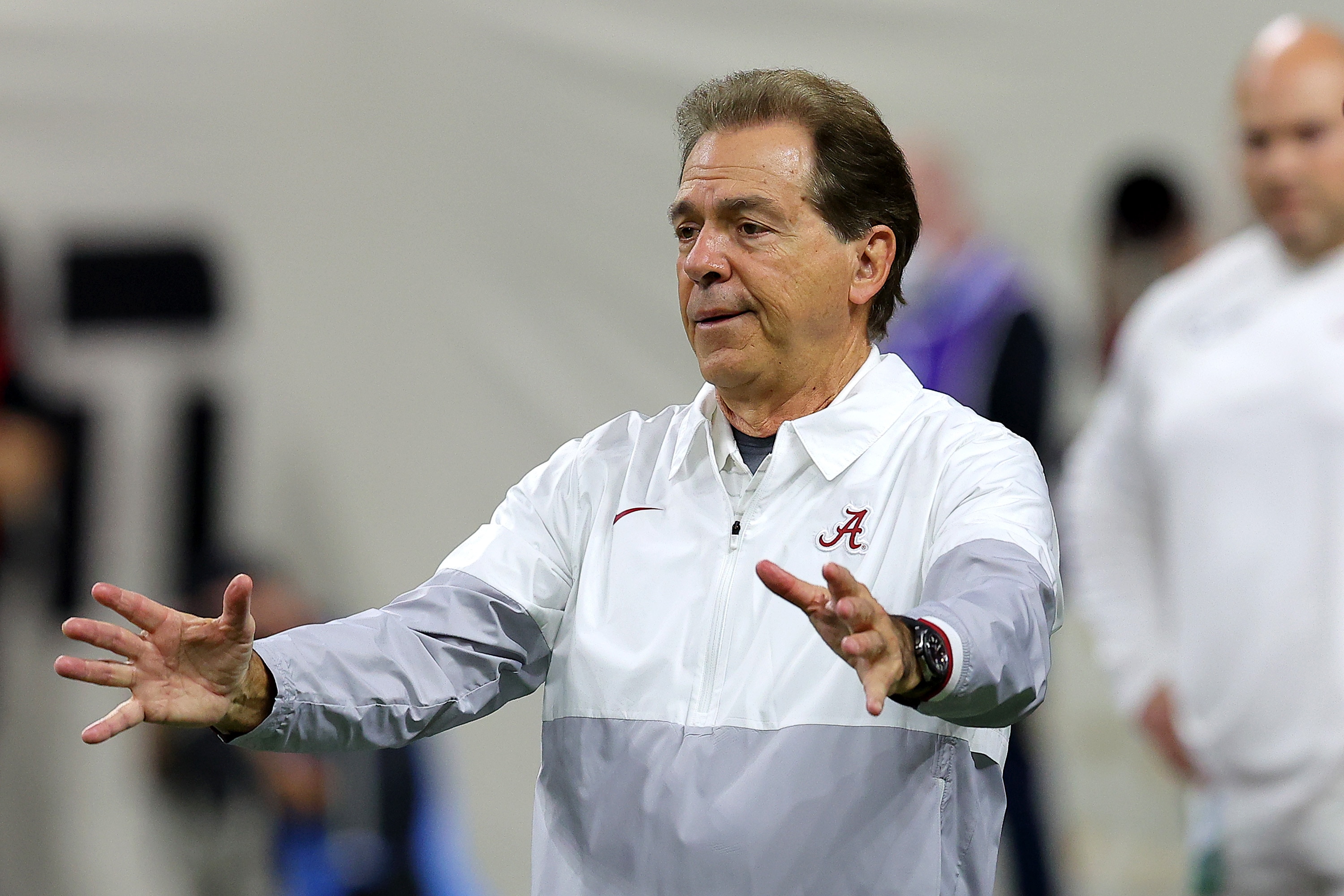 INDIANAPOLIS, INDIANA - JANUARY 10: Head coach Nick Saban of the Alabama Crimson Tide looks on during pregame warm-ups prior to a game against the Georgia Bulldogs in the 2022 CFP National Championship Game at Lucas Oil Stadium on January 10, 2022 in Indianapolis, Indiana. (Photo by Kevin C. Cox/Getty Images)