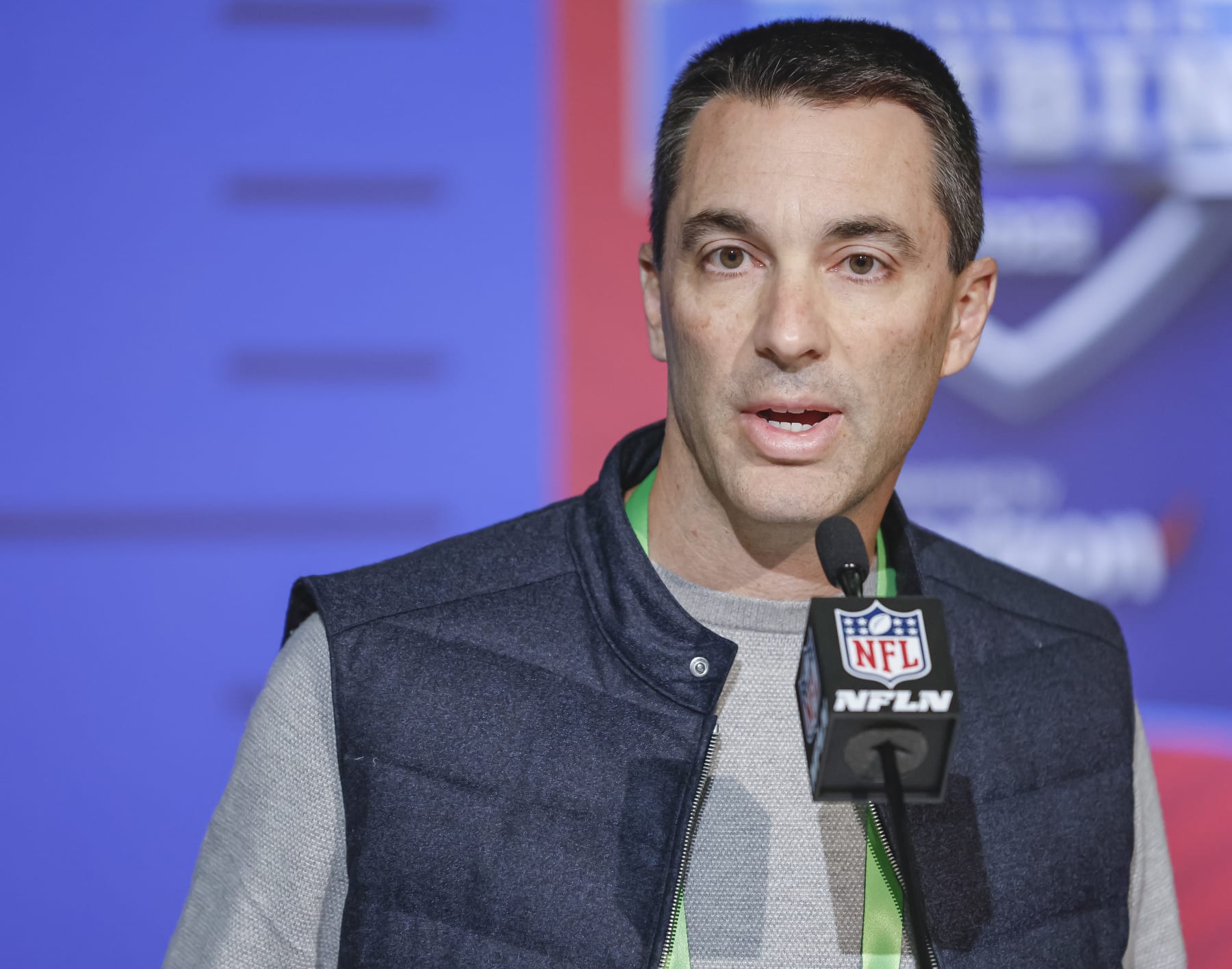 INDIANAPOLIS, IN - MAR 01: Tom Telesco, general manager of the Los Angeles Chargers speaks to reporters during the NFL Draft Combine at the Indiana Convention Center on March 1, 2022 in Indianapolis, Indiana. (Photo by Michael Hickey/Getty Images)