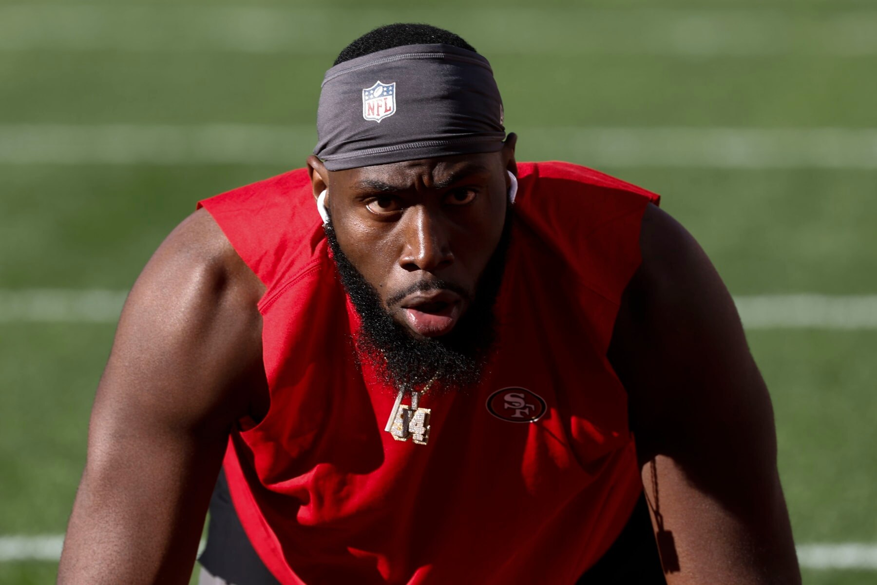 San Francisco 49ers defensive end Charles Omenihu warms up before an NFL divisional round playoff football game against the Dallas Cowboys in Santa Clara, Calif., Sunday, Jan. 22, 2023. (AP Photo/Josie Lepe)