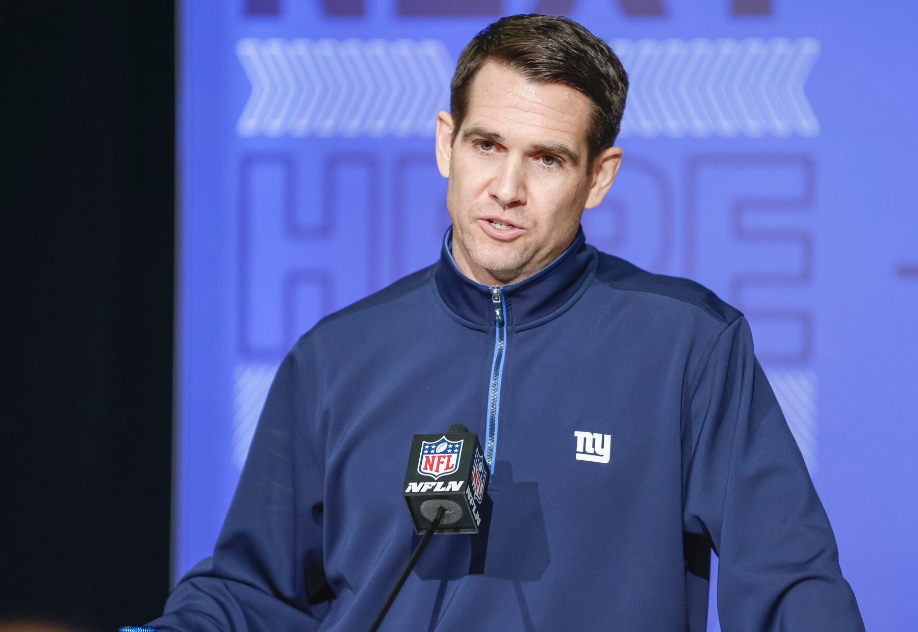 INDIANAPOLIS, IN - MAR 01: Joe Schoen, general manager of the New York Giants speaks to reporters during the NFL Draft Combine at the Indiana Convention Center on March 1, 2022 in Indianapolis, Indiana. (Photo by Michael Hickey/Getty Images)