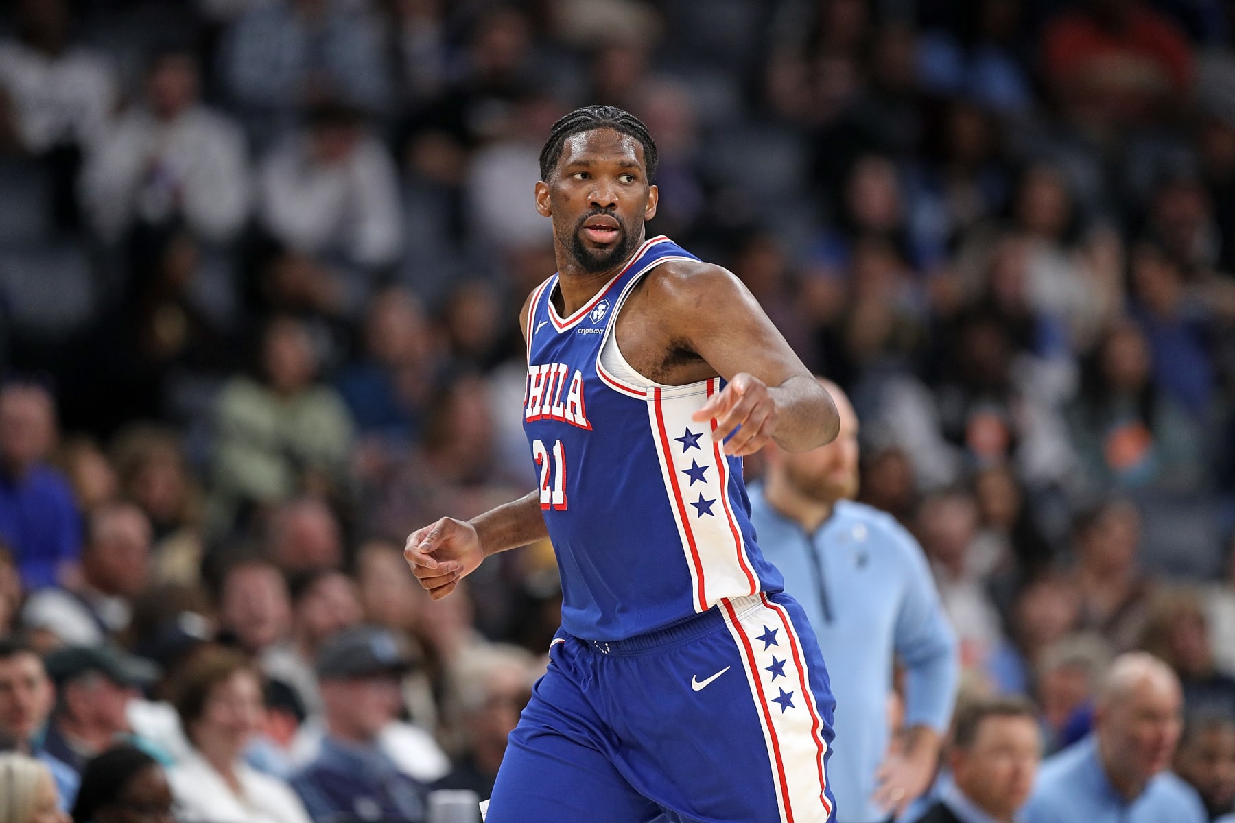 MEMPHIS, TENNESSEE - APRIL 06: Joel Embiid #21 of the Philadelphia 76ers looks on during the first half against the Memphis Grizzlies at FedExForum on April 06, 2024 in Memphis, Tennessee. NOTE TO USER: User expressly acknowledges and agrees that, by downloading and or using this photograph, User is consenting to the terms and conditions of the Getty Images License Agreement. (Photo by Justin Ford/Getty Images)