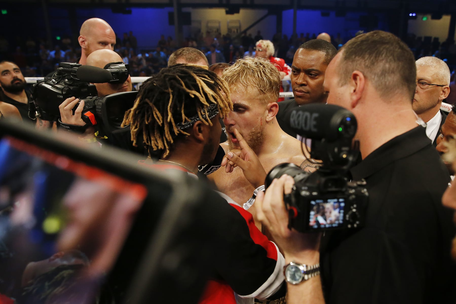 MIAMI, FLORIDA - JANUARY 30:  Jake Paul and KSI argue after Paul defeated AnEsonGib in a first round knockout during their fight at Meridian at Island Gardens on January 30, 2020 in Miami, Florida. (Photo by Michael Reaves/Getty Images)