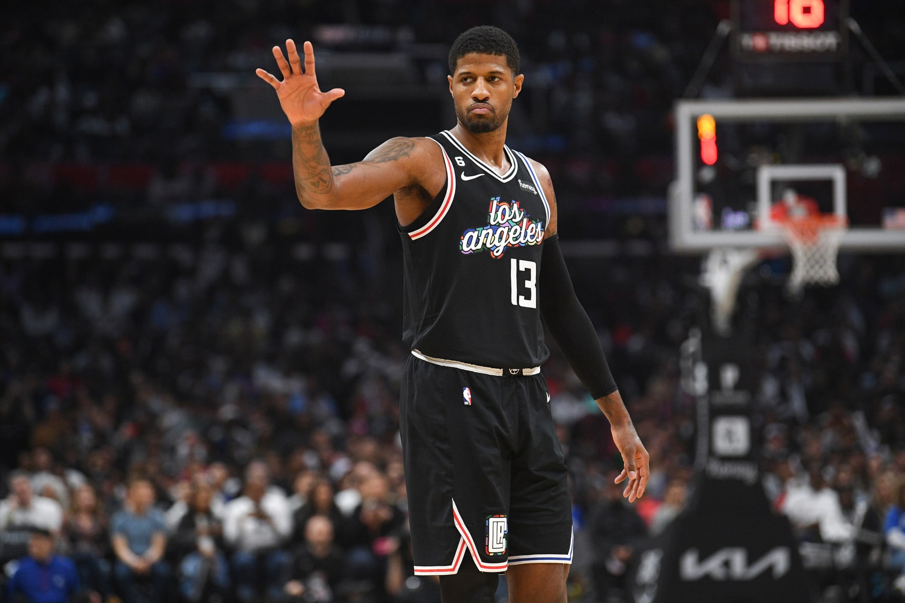 LOS ANGELES, CA - MARCH 18: Los Angeles Clippers Guard Paul George (13) looks on during a NBA game between the Orlando Magic and the Los Angeles Clippers on March 18, 2023 at Crypto.com Arena in Los Angeles, CA. (Photo by Brian Rothmuller/Icon Sportswire via Getty Images