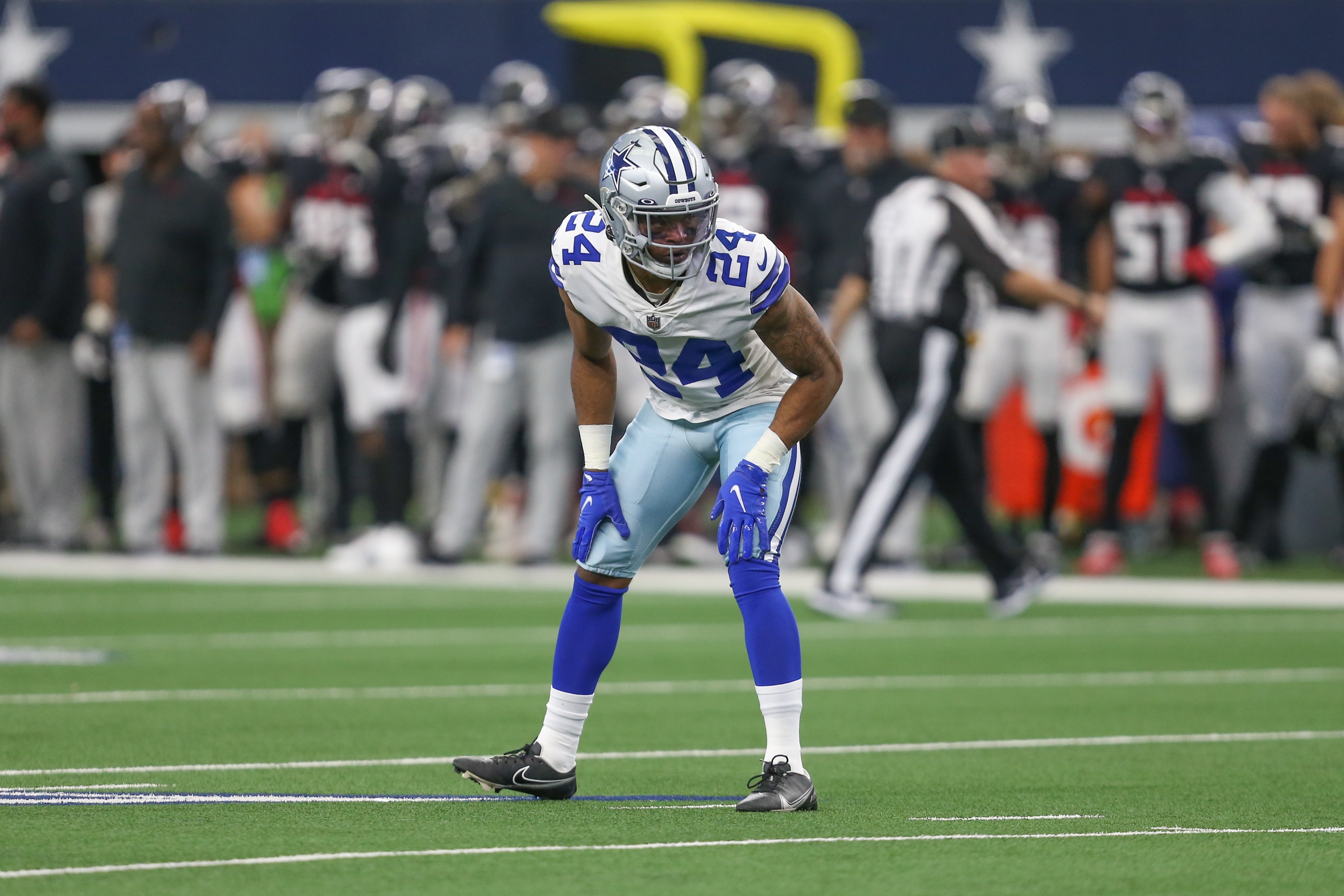 ARLINGTON, TX - NOVEMBER 14: Dallas Cowboys Cornerback Kelvin Joseph (24) lines up during the game between the Dallas Cowboys and Atlanta Falcons on November 14, 2021 at AT&T Stadium in Arlington, TX. (Photo by George Walker/Icon Sportswire via Getty Images)