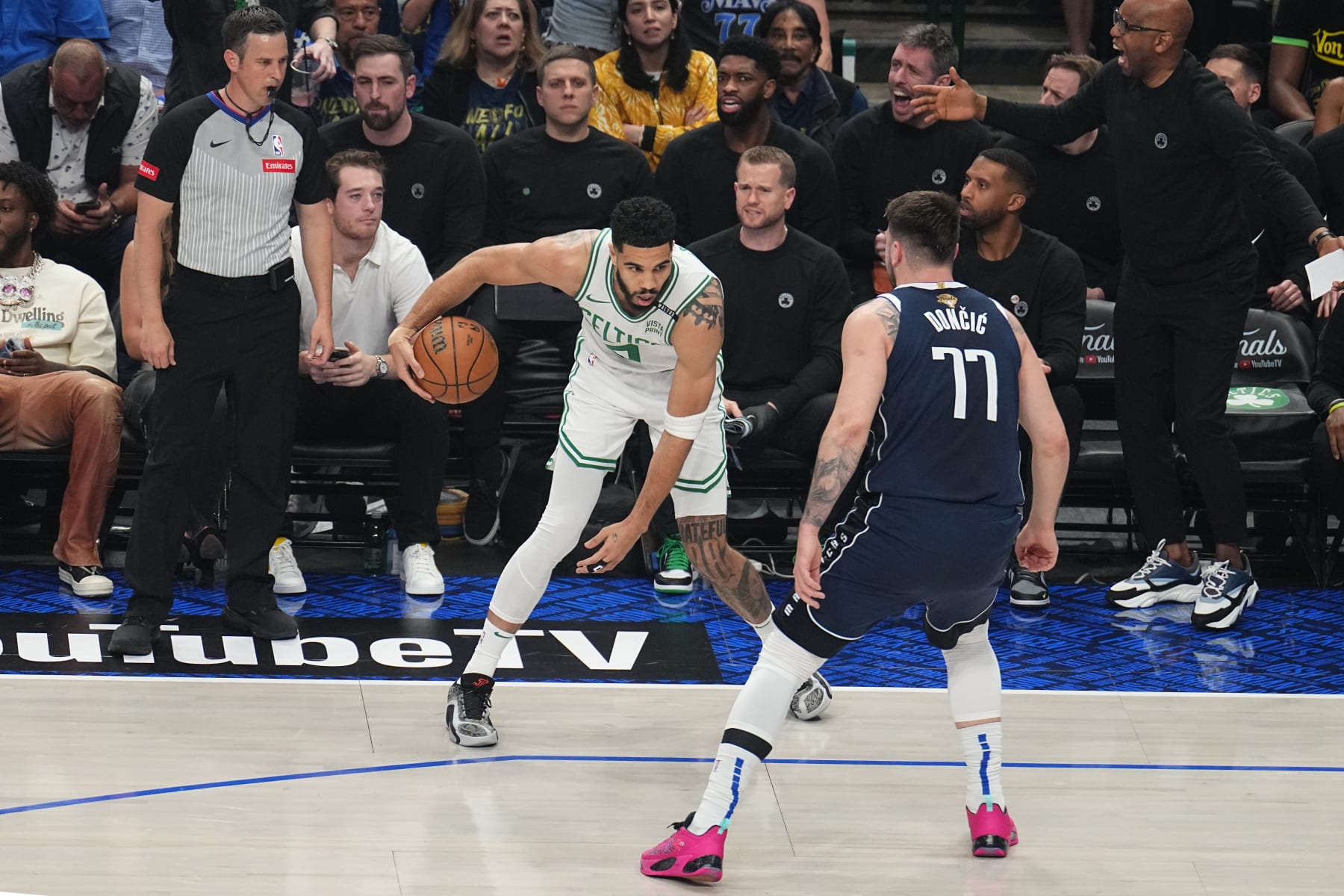 DALLAS, TX - JUNE 12: Jayson Tatum #0 of the Boston Celtics handles the ball during the game against the Dallas Mavericks during Game Three of the 2024 NBA Finals on June 12, 2024 at the American Airlines Center in Dallas, Texas. NOTE TO USER: User expressly acknowledges and agrees that, by downloading and or using this photograph, User is consenting to the terms and conditions of the Getty Images License Agreement. Mandatory Copyright Notice: Copyright 2024 NBAE (Photo by Glenn James/NBAE via Getty Images)