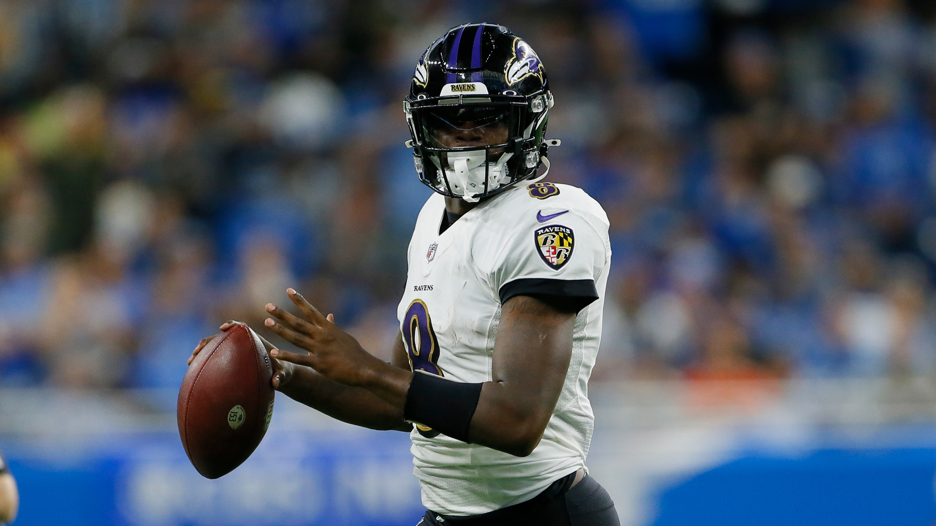 Baltimore Ravens quarterback Lamar Jackson (8) throws against the Detroit Lions in the first half of an NFL football game in Detroit, Sunday, Sept. 26, 2021. (AP Photo/Duane Burleson)