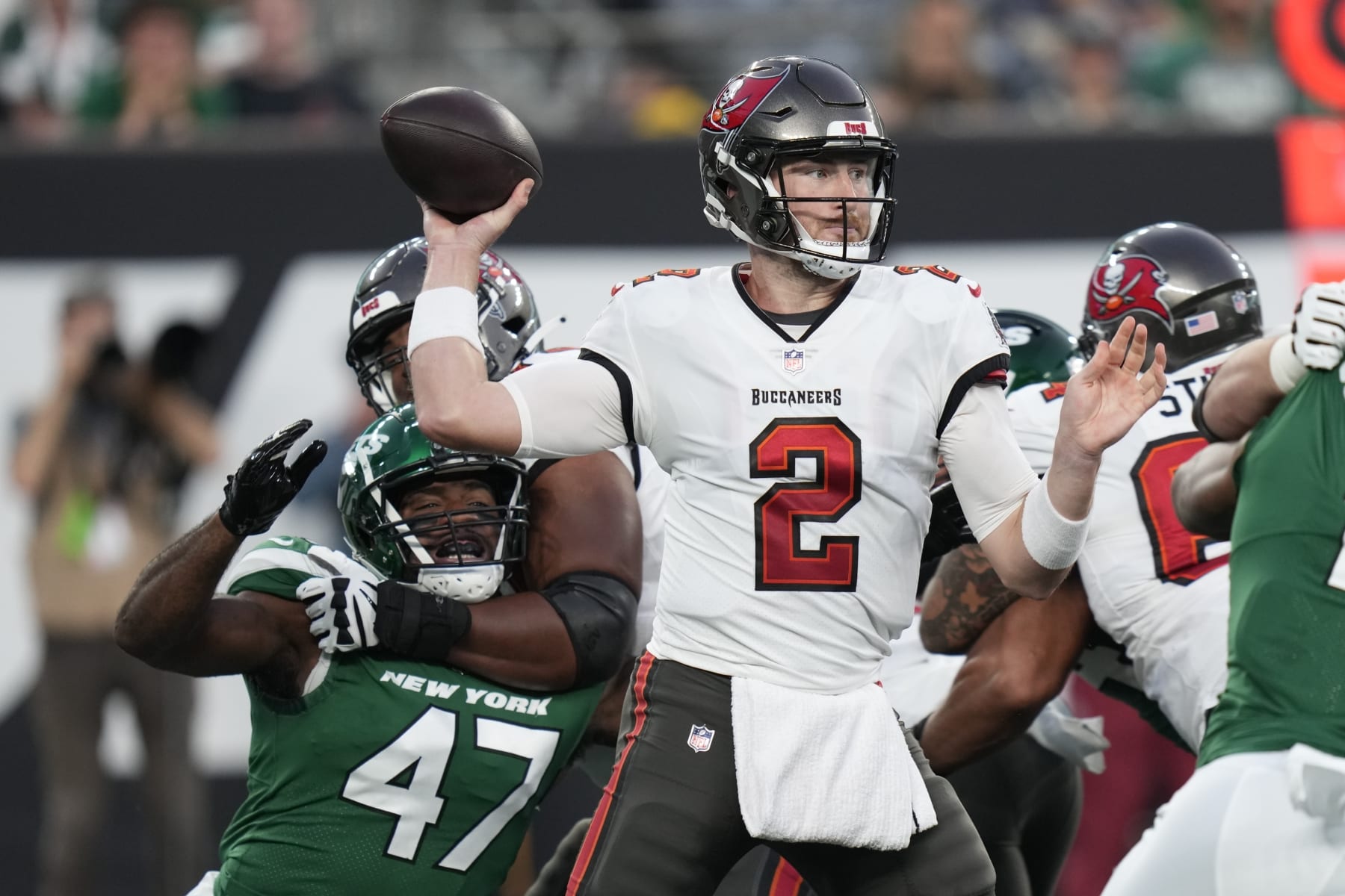 Tampa Bay Buccaneers quarterback Kyle Trask (2) throws a pass during the first half of a preseason NFL football game against the New York Jets, Saturday, Aug. 19, 2023, in East Rutherford, N.J. (AP Photo/Seth Wenig)