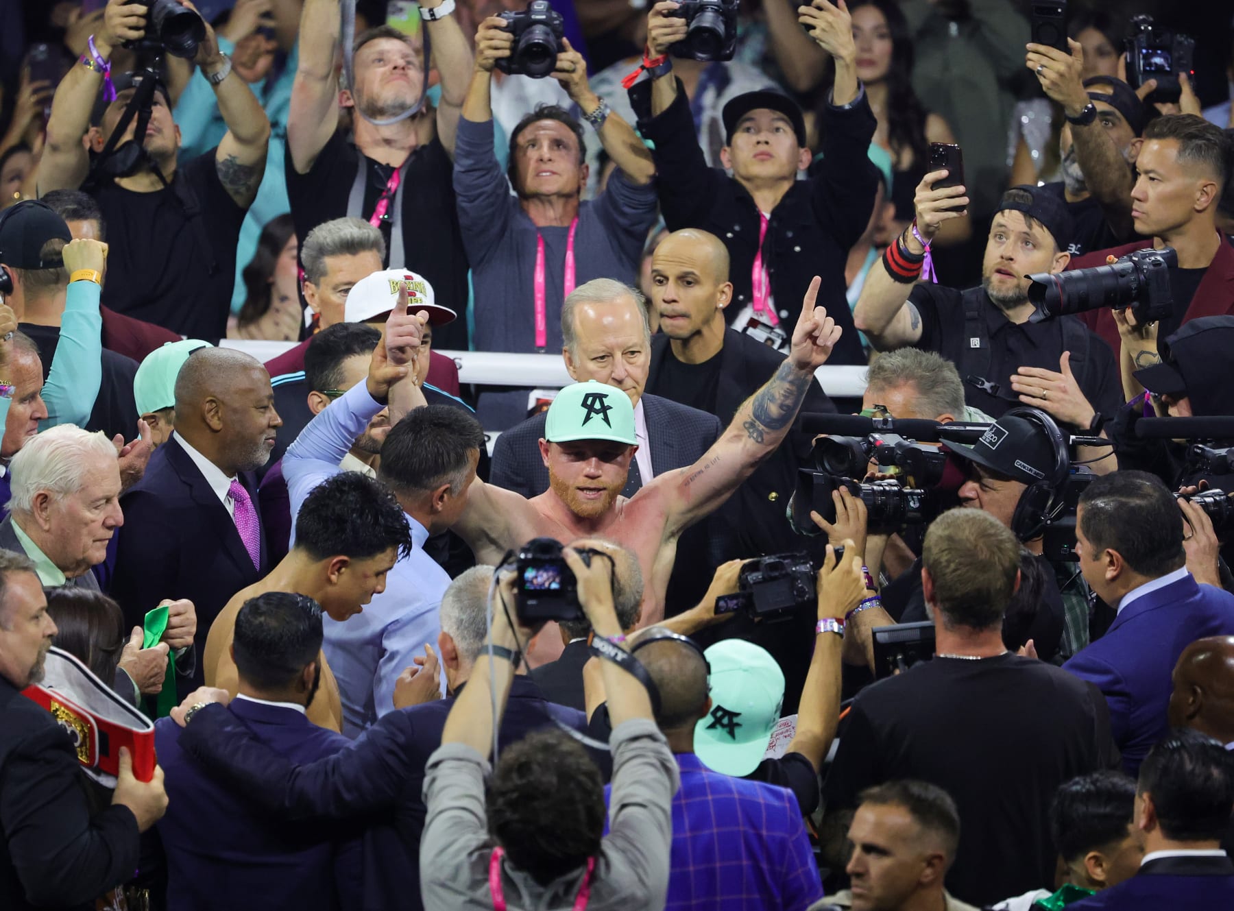 LAS VEGAS, NEVADA - MAY 04: Canelo Alvarez celebrates his unanimous-decision victory over Jaime Munguia to retain his undisputed super middleweight championship titles at T-Mobile Arena on May 04, 2024 in Las Vegas, Nevada. (Photo by Ethan Miller/Getty Images)