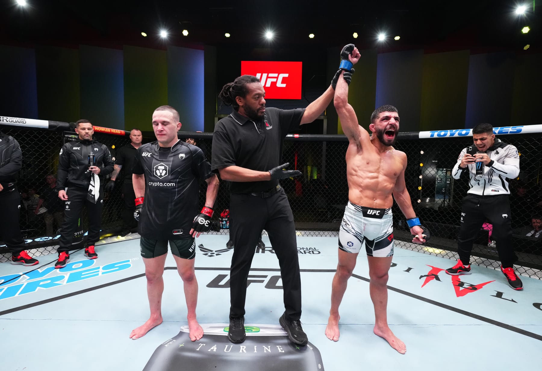 LAS VEGAS, NEVADA - JUNE 03: Amir Albazi of Iraq reacts after his victory against Kai Kara-France of New Zealand in a flyweight bout during the UFC Fight Night event at UFC APEX on June 03, 2023 in Las Vegas, Nevada. (Photo by Chris Unger/Zuffa LLC via Getty Images)