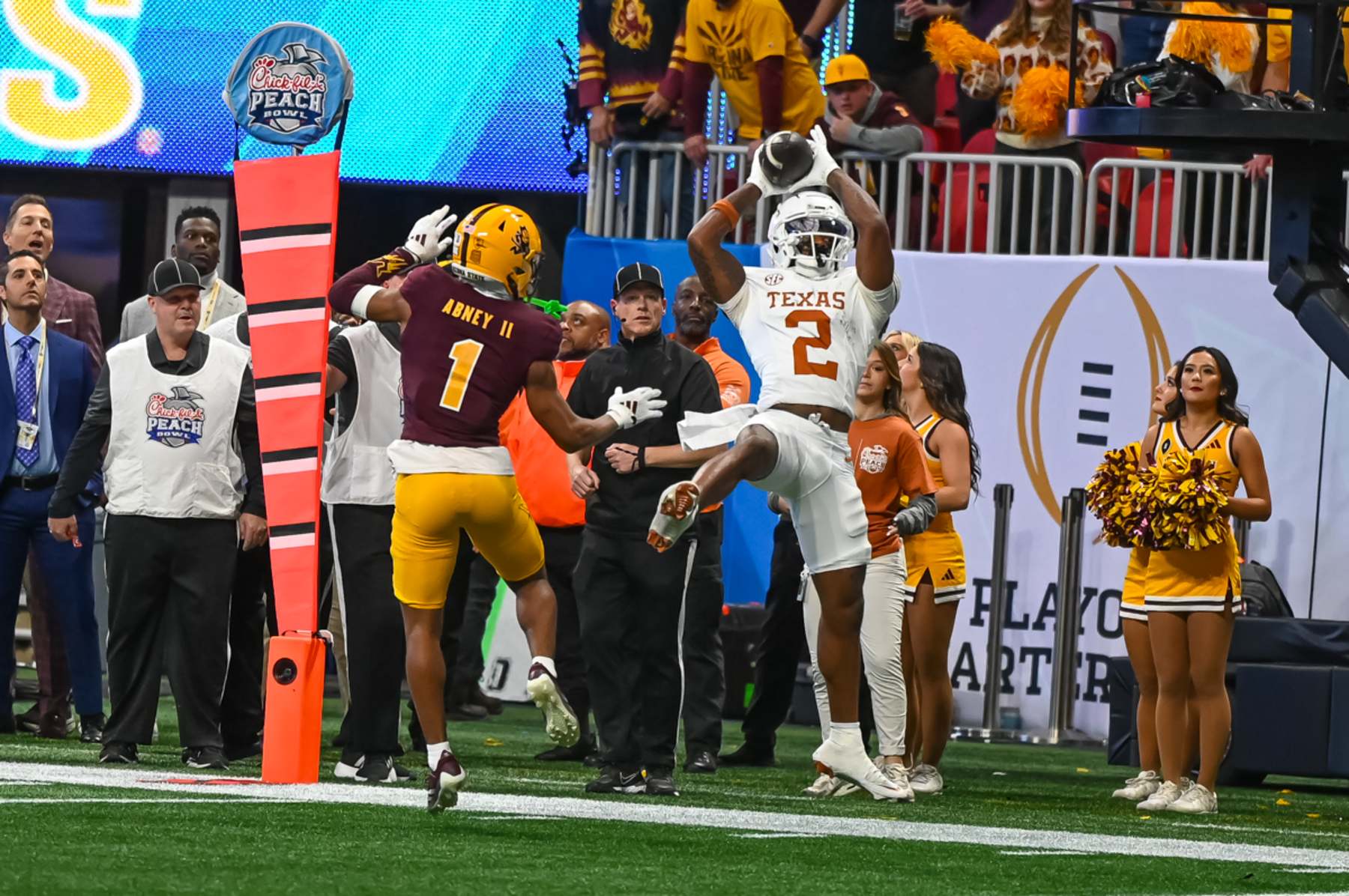 ATLANTA, GA - JANUARY 01:  Wide Receiver Matthew Golden #2 of the Texas Longhorns makes a first down catch during the Texas Longhorns versus Arizona State Sun Devils College Football Playoff Quarterfinal at the Chick-fil-A Peach Bowl on January 1, 2025, at Mercedes-Benz Stadium in Atlanta, GA. (Photo by John Adams/Icon Sportswire via Getty Images)