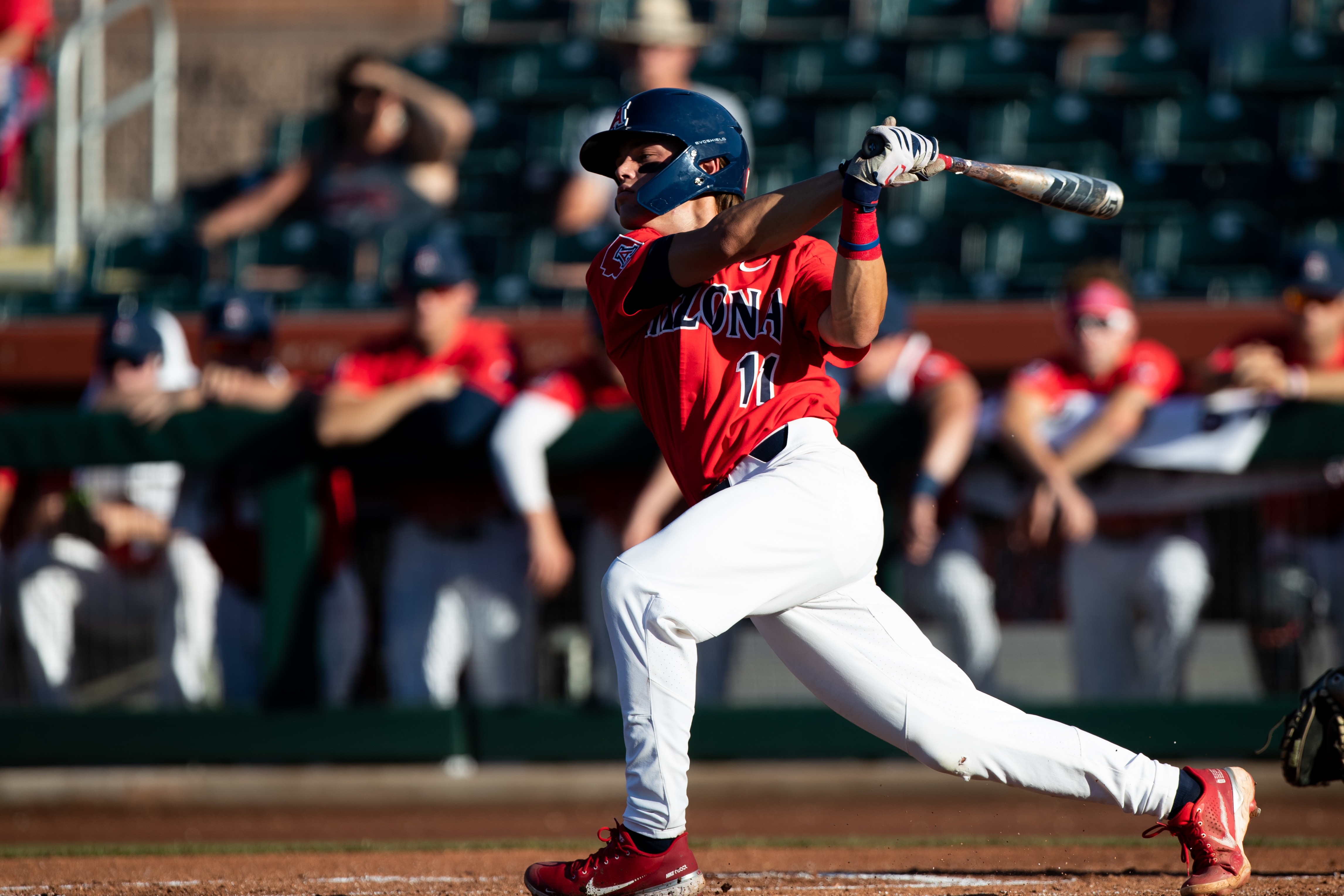 SCOTTSDALE, AZ - MAY 26: Arizona Wildcats Infielder Nik McClaughry (11)  gets a hit during the PAC12 Baseball Tournament game between the Stanford Cardinal and the Arizona Wildcats on May 26, 2022, at Scottsdale Stadium in Scottsdale, AZ. (Photo by Zac BonDurant/Icon Sportswire via Getty Images)