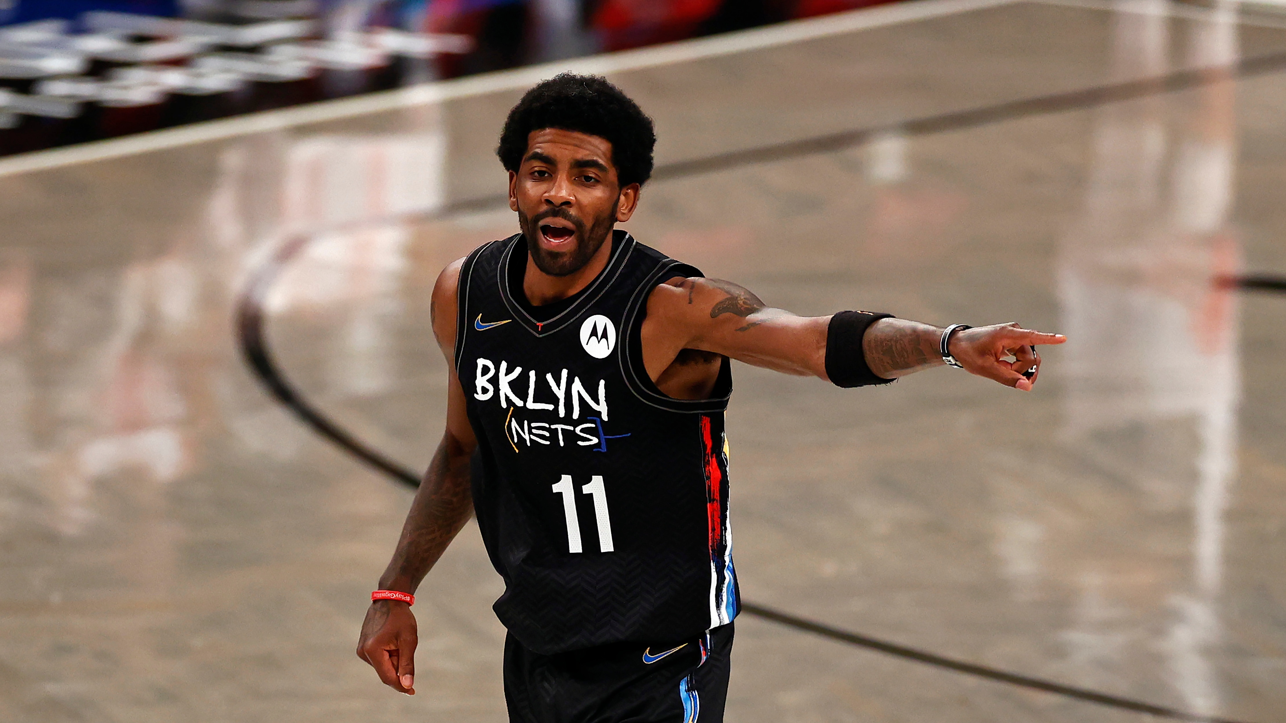 Brooklyn Nets guard Kyrie Irving (11) in action against the Chicago Bulls during the second half of an NBA basketball game Saturday, May 15, 2021, in New York. (AP Photo/Adam Hunger)