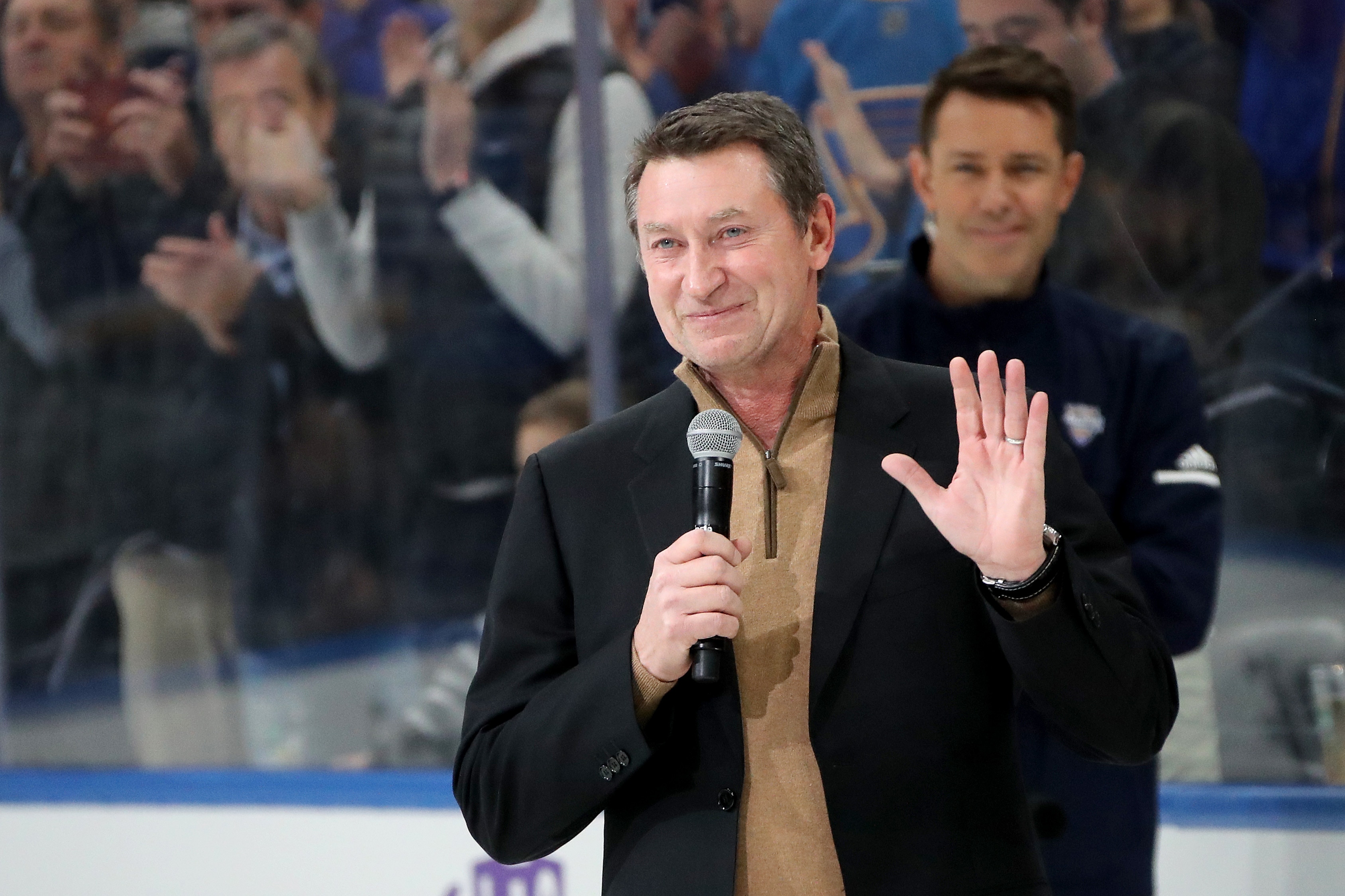 ST LOUIS, MISSOURI - JANUARY 24: Wayne Gretzky addresses fans prior to the 2020 NHL All-Star Skills Competition at Enterprise Center on January 24, 2020 in St Louis, Missouri. (Photo by Bruce Bennett/Getty Images)