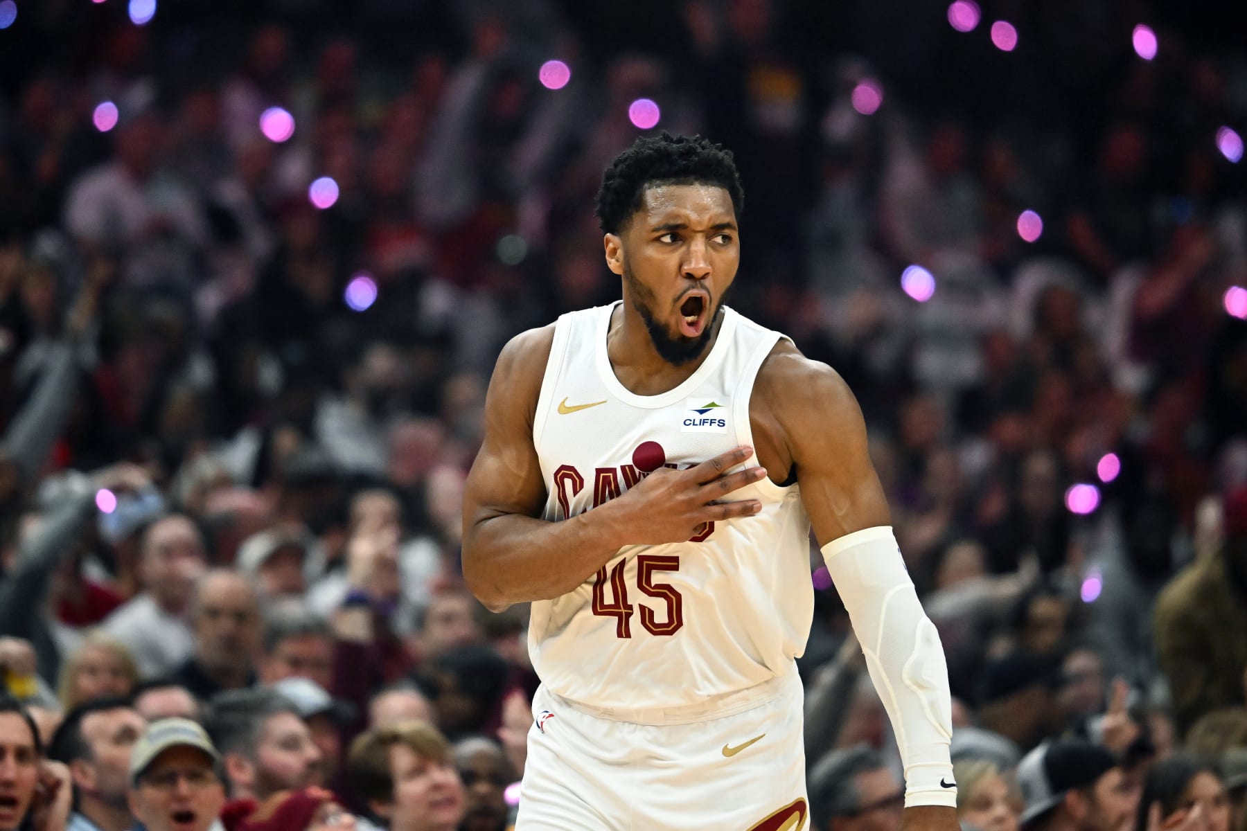 CLEVELAND, OHIO - APRIL 22: Donovan Mitchell #45 of the Cleveland Cavaliers celebrates after scoring during the first quarter of game two of the Eastern Conference First Round Playoffs against the Orlando Magic at Rocket Mortgage Fieldhouse on April 22, 2024 in Cleveland, Ohio. NOTE TO USER: User expressly acknowledges and agrees that, by downloading and or using this photograph, User is consenting to the terms and conditions of the Getty Images License Agreement. (Photo by Jason Miller/Getty Images)