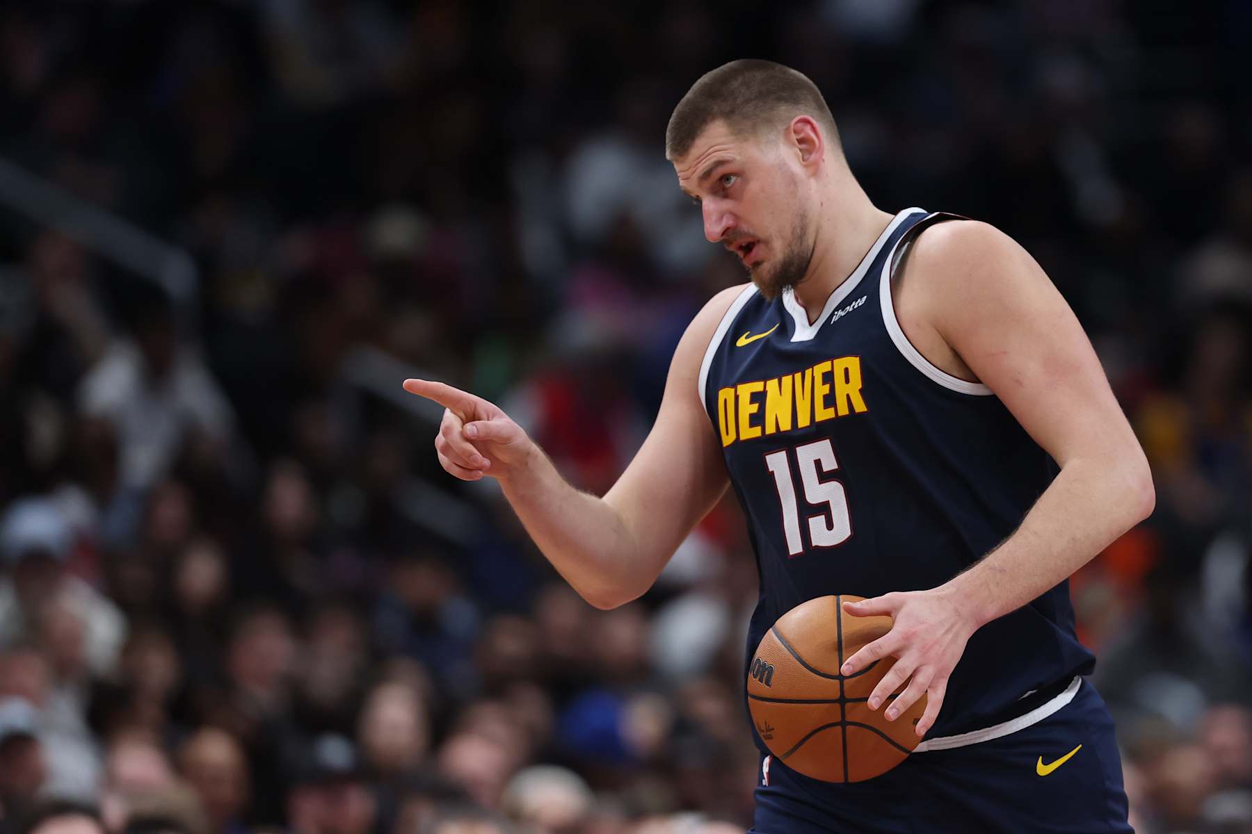 WASHINGTON, DC - DECEMBER 07: Nikola Jokic #15 of the Denver Nuggets dribbles the ball against the Washington Wizards during the second half at Capital One Arena on December 7, 2024 in Washington, DC. Jokic scored a career-high 56 points. NOTE TO USER: User expressly acknowledges and agrees that, by downloading and or using this photograph, User is consenting to the terms and conditions of the Getty Images License Agreement. (Photo by Patrick Smith/Getty Images)