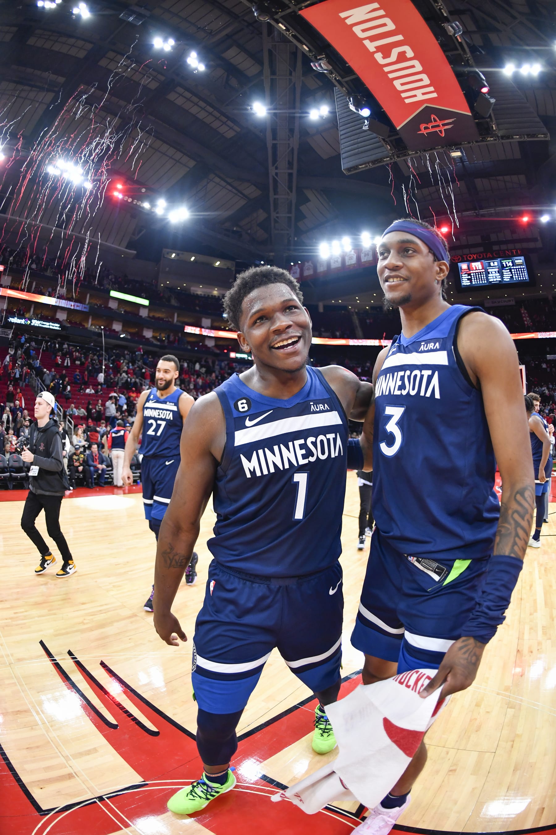 HOUSTON, TX - JANUARY 23:   Jaden McDaniels #3 and Anthony Edwards #1 of the Minnesota Timberwolves smile aftter the game on January 23, 2023 at the Toyota Center in Houston, Texas. NOTE TO USER: User expressly acknowledges and agrees that, by downloading and or using this photograph, User is consenting to the terms and conditions of the Getty Images License Agreement. Mandatory Copyright Notice: Copyright 2023 NBAE (Photo by Logan Riely/NBAE via Getty Images)