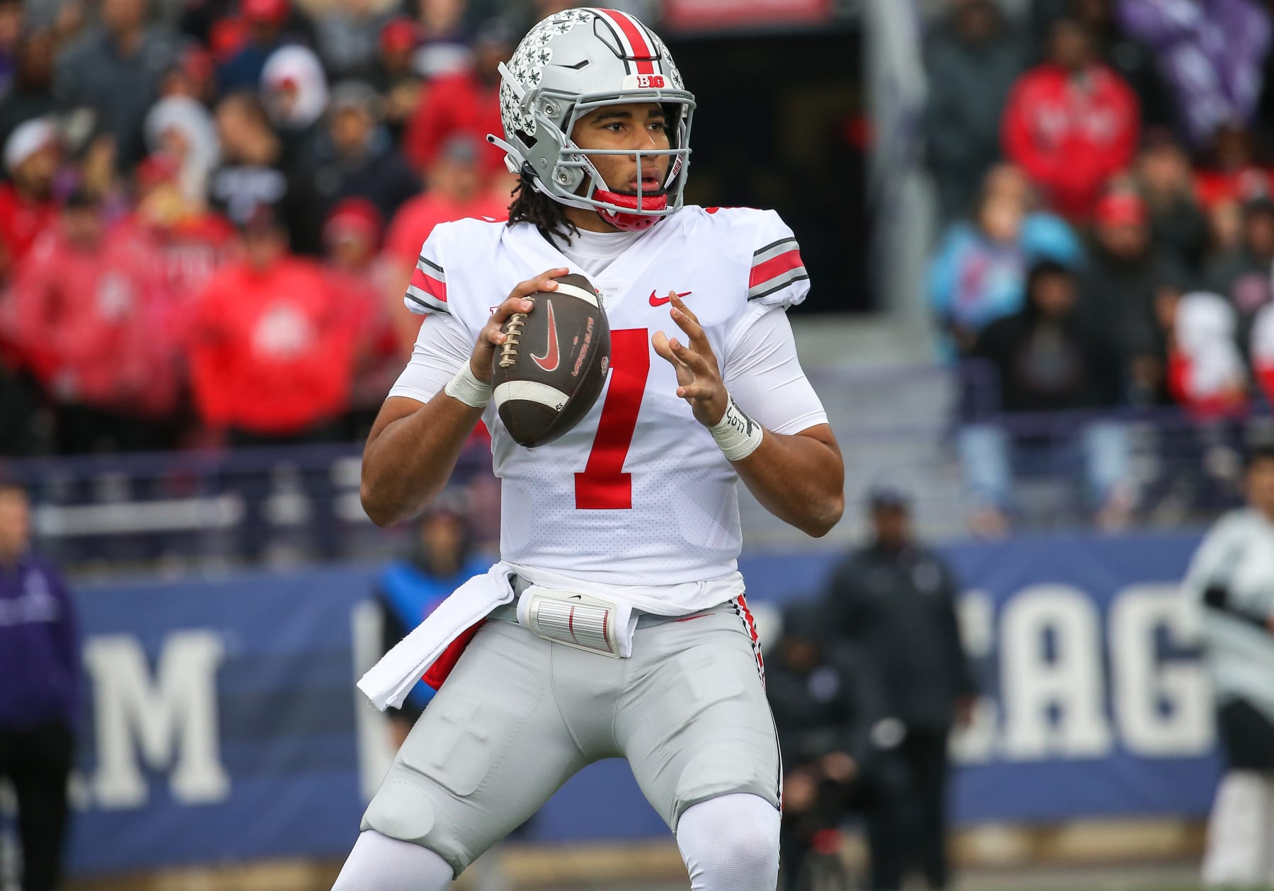 EVANSTON, IL - NOVEMBER 05: Ohio State Buckeyes quarterback C.J. Stroud (7) looks to pass the ball during a college football game between the  Ohio State Buckeyes and the Northwestern Wildcats on October 8, 2022 at Ryan Field in Evanston, IL. (Photo by Melissa Tamez/Icon Sportswire via Getty Images)