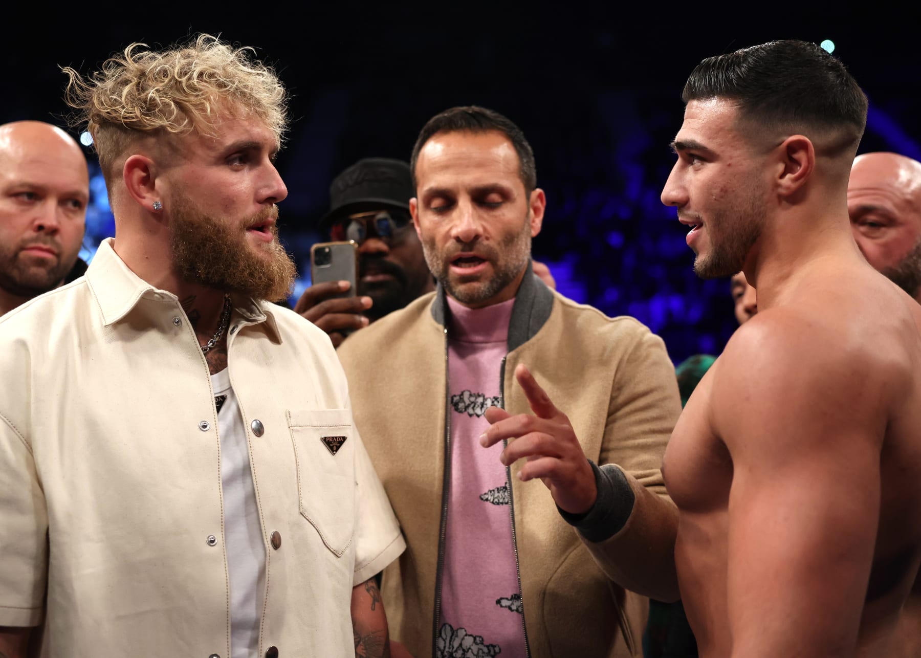 LONDON, ENGLAND - JANUARY 28: Jake Paul (L) and Tommy Fury (R) face off prior to the Artur Beterbiev vs Anthony Yarde fight night at OVO Arena Wembley on January 28, 2023 in London, England. (Photo by Mark Robison/Top Rank Inc via Getty Images)
