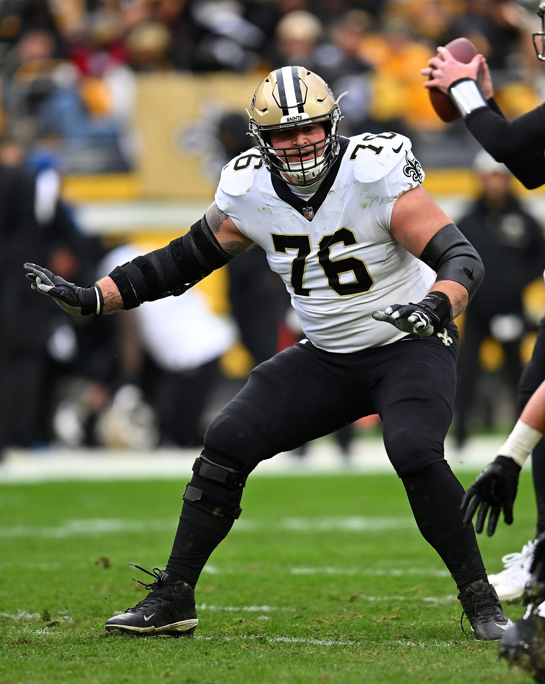 PITTSBURGH, PA - NOVEMBER 13:  Calvin Throckmorton #76 of the New Orleans Saints in action during the game against the Pittsburgh Steelers at Acrisure Stadium on November 13, 2022 in Pittsburgh, Pennsylvania. (Photo by Joe Sargent/Getty Images)