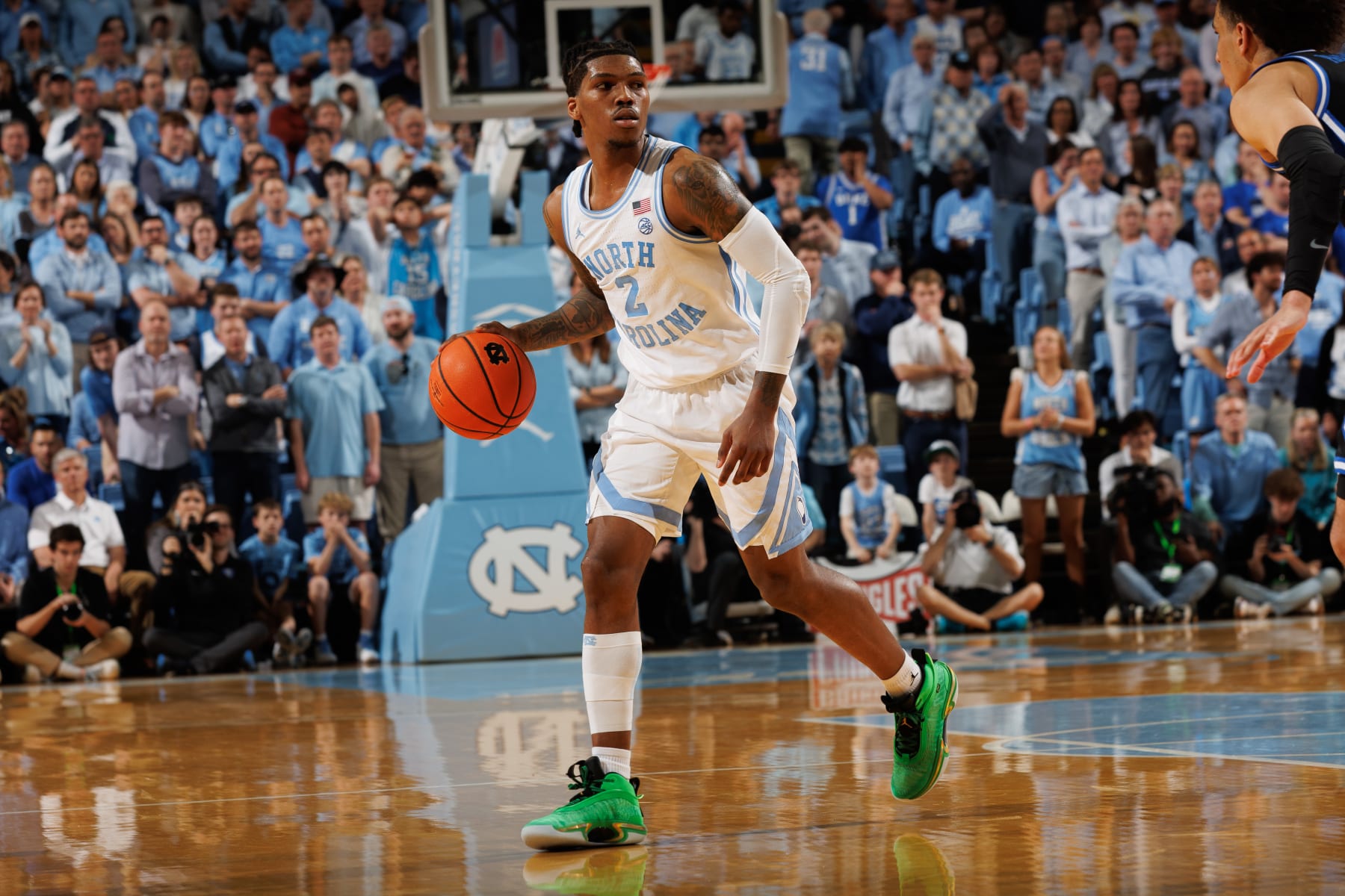 CHAPEL HILL, NC - MARCH 04: Caleb Love #2 of the North Carolina Tar Heels dribbles during a game against the Duke Blue Devils on March 04, 2023 at the Dean Smith Center in Chapel Hill, North Carolina. Duke won 62-57. (Photo by Peyton Williams/UNC/Getty Images)