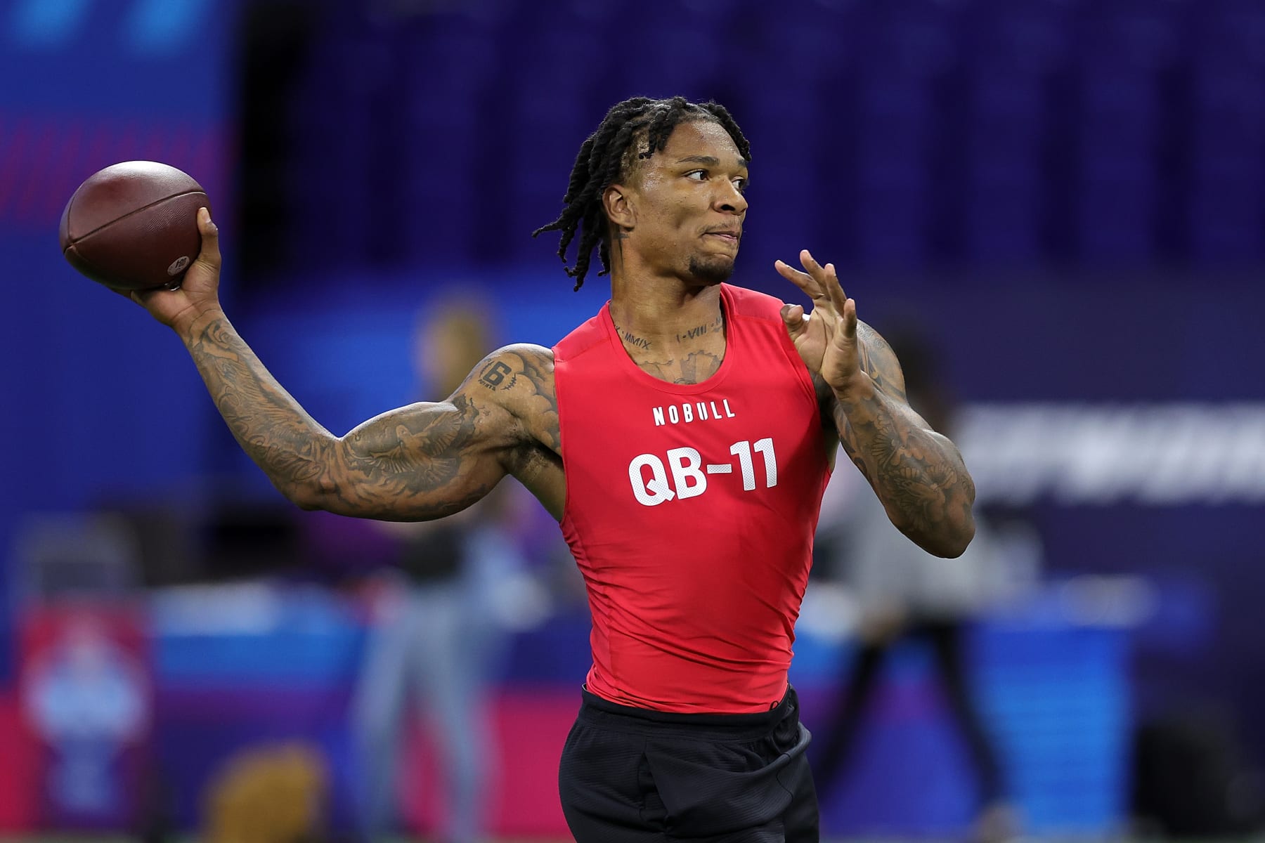 INDIANAPOLIS, INDIANA - MARCH 04: Quarterback Anthony Richardson of Florida participates in a drill during the NFL Combine at Lucas Oil Stadium on March 04, 2023 in Indianapolis, Indiana. (Photo by Stacy Revere/Getty Images)