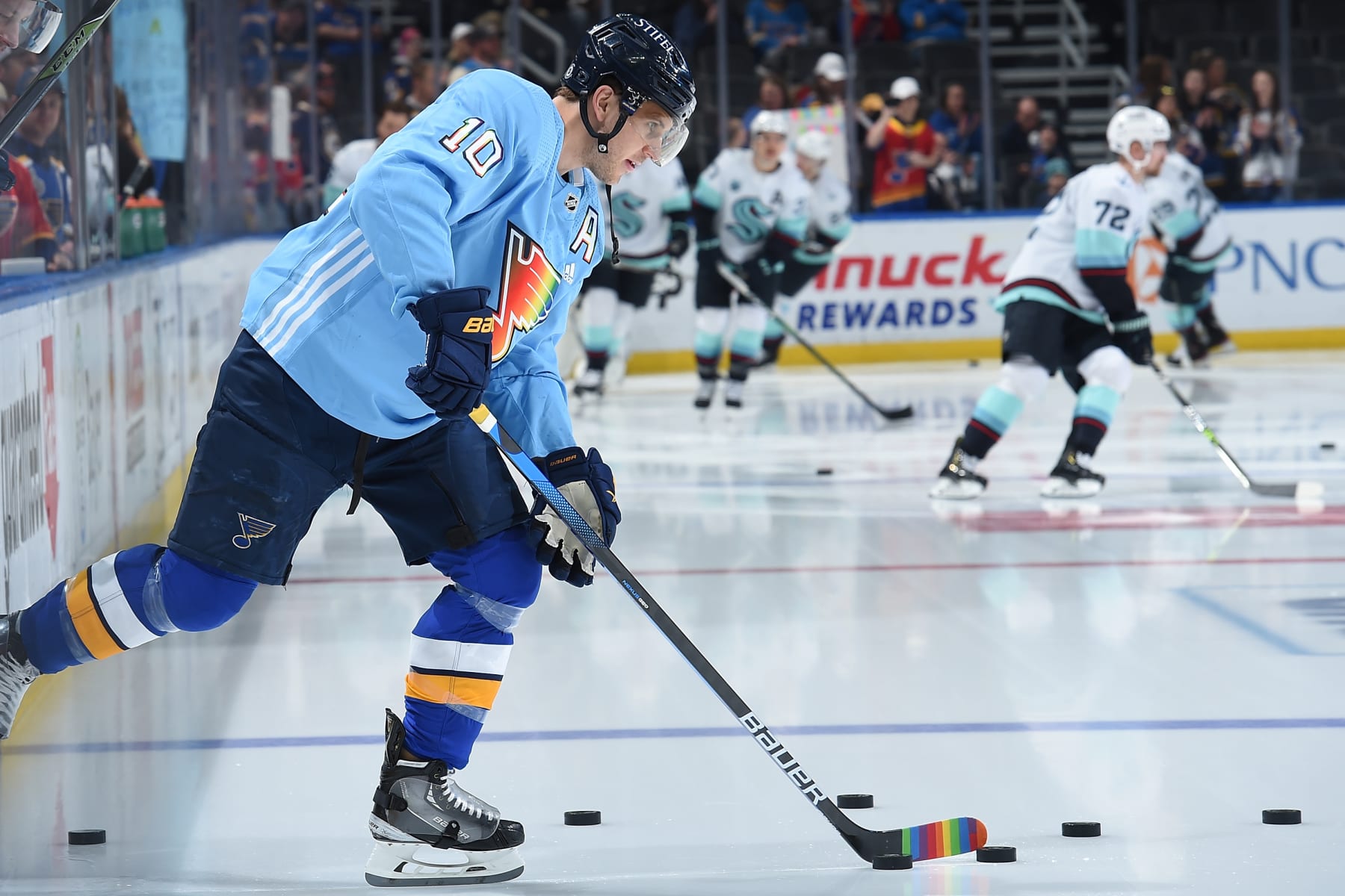 ST. LOUIS, MO - APRIL 6: Brayden Schenn #10 of the St. Louis Blues takes the ice for warm ups prior to a game against the Seattle Kraken.  The St. Louis Blues are wearing themed warm up jerseys for Pride Night at the Enterprise Center on April 6, 2022 in St. Louis, Missouri. (Photo by Joe Puetz/NHLI via Getty Images)