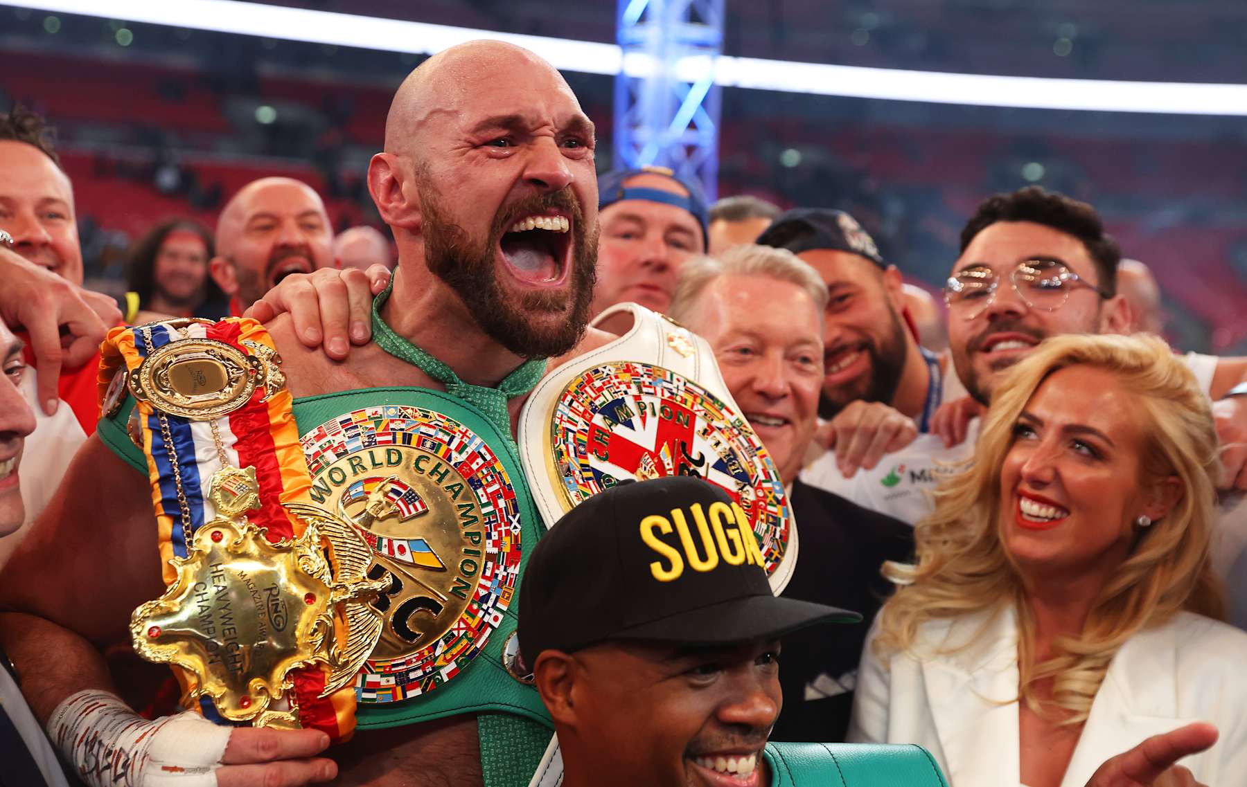 LONDON, ENGLAND - APRIL 23: Tyson Fury celebrates victory after the WBC World Heavyweight Title Fight between Tyson Fury and Dillian Whyte at Wembley Stadium on April 23, 2022 in London, England. (Photo by Julian Finney/Getty Images)