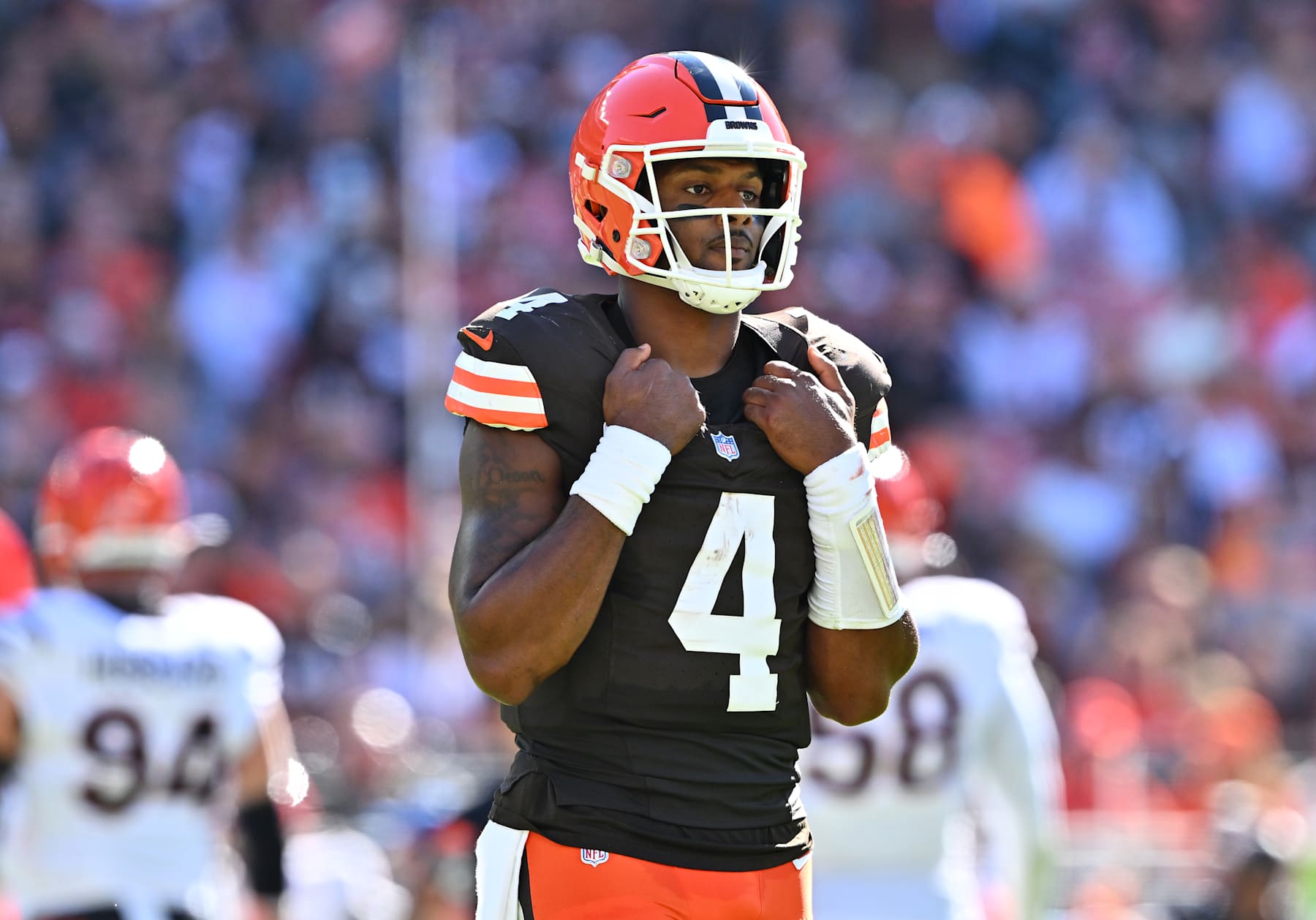 CLEVELAND, OHIO - OCTOBER 20: Deshaun Watson #4 of the Cleveland Browns looks on during the second quarter of a game against the Cincinnati Bengals at Huntington Bank Field on October 20, 2024 in Cleveland, Ohio. (Photo by Jason Miller/Getty Images)