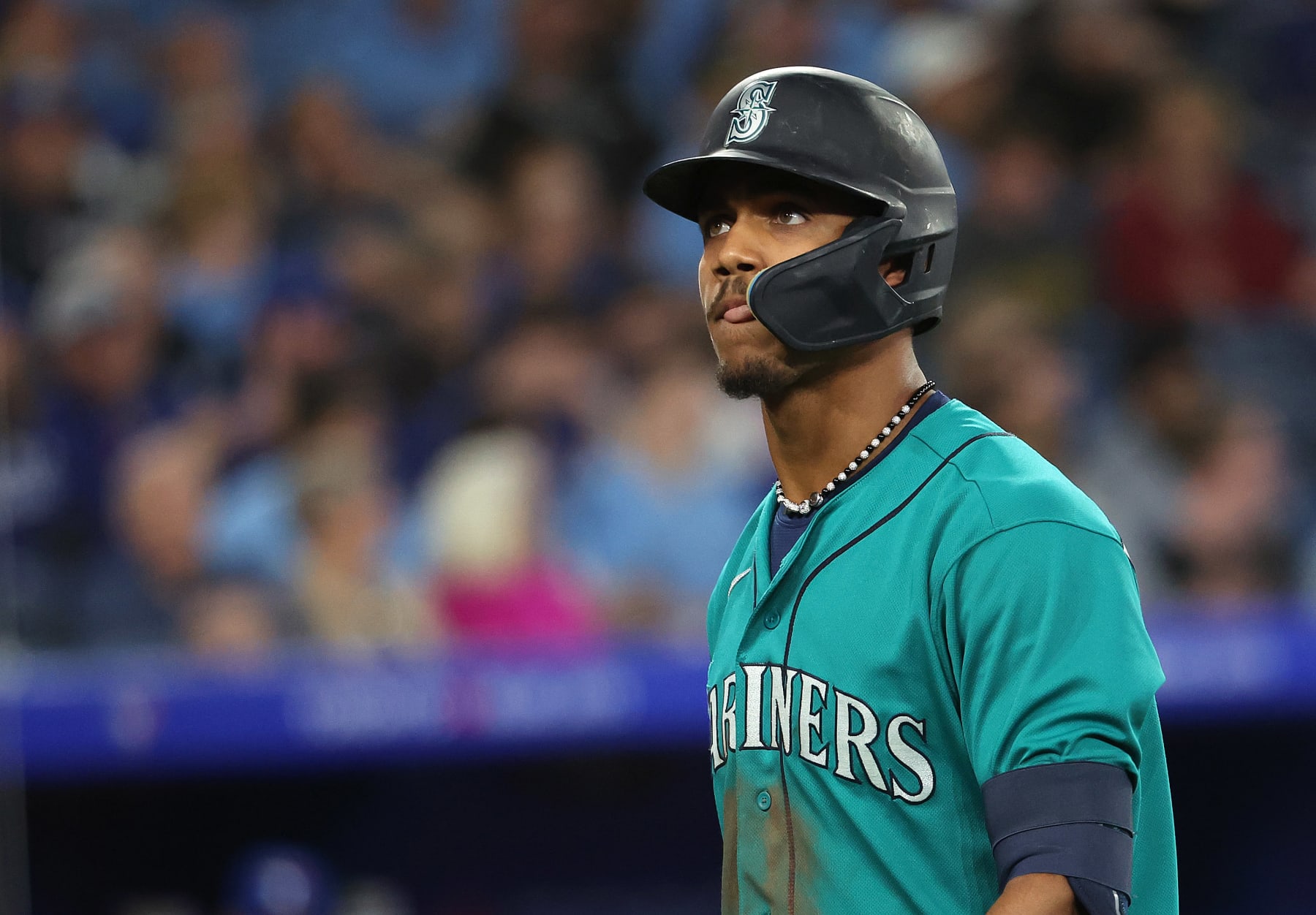 TORONTO, ON - APRIL 28  -  Seattle Mariners center fielder Julio Rodriguez (44) leaves the batters box after striking out in the seventh inning as the Toronto Blue Jays beat the Seattle Mariners 3-2 at Rogers Centre in Toronto. April 28, 2023.        (Steve Russell/Toronto Star via Getty Images)