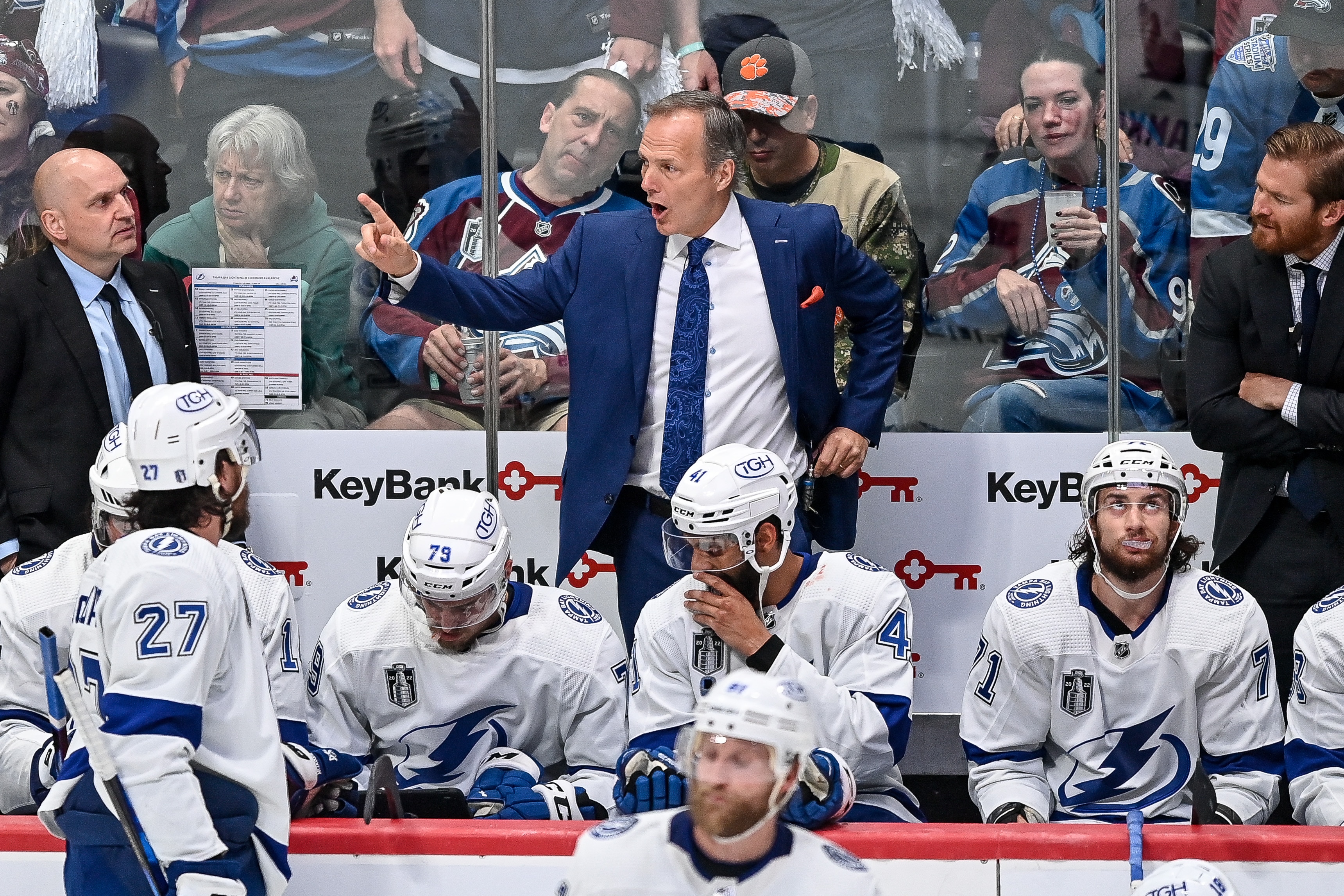 DENVER, CO - JUNE 24: Tampa Bay Lightning head coach Jon Cooper works behind the bench during the Stanley Cup Finals game 5 between the Tampa Bay Lightning and the Colorado Avalanche at Ball Arena in Denver, Colorado on June 24, 2022. (Photo by Dustin Bradford/Icon Sportswire via Getty Images)