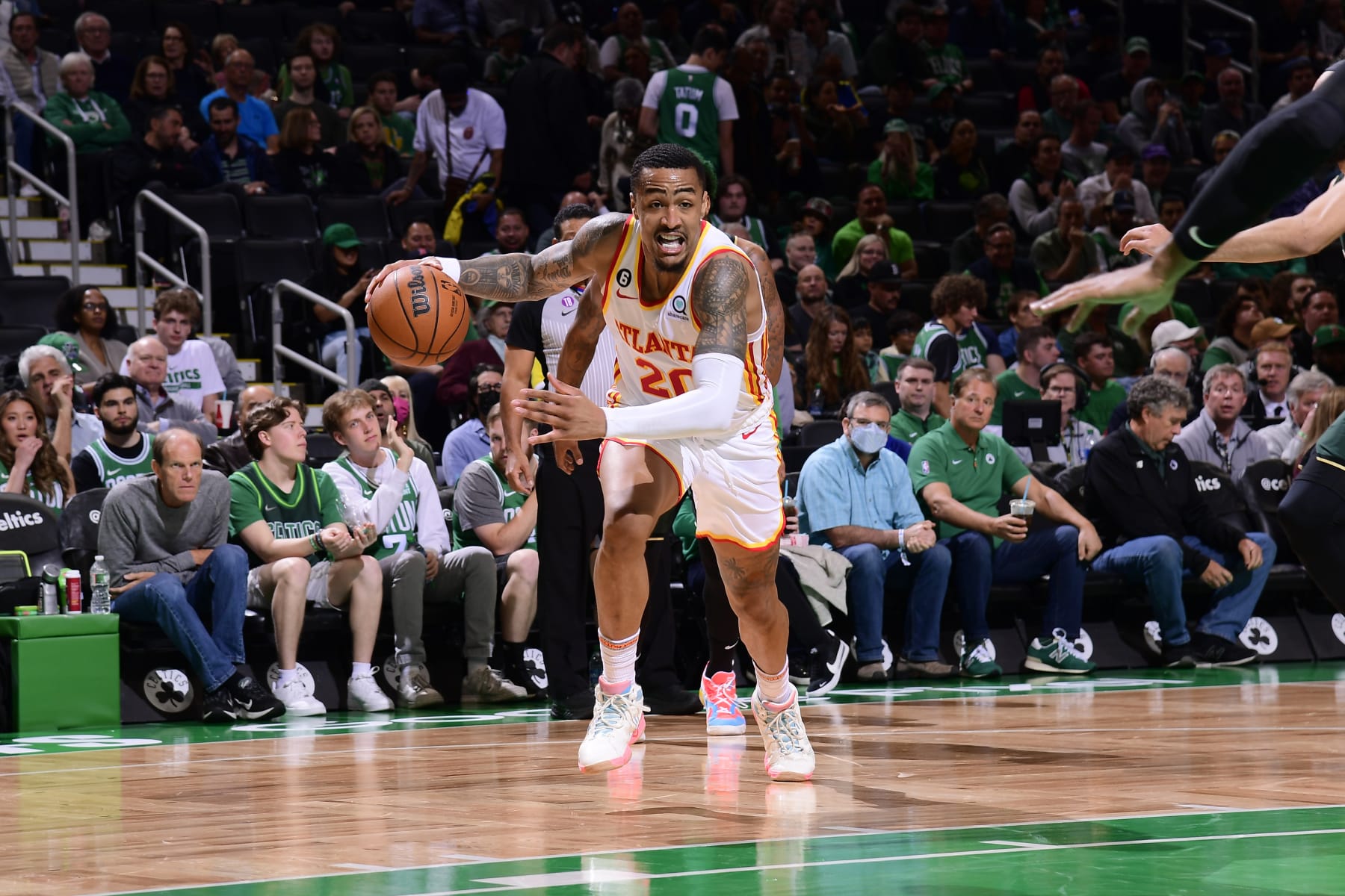 BOSTON, MA - APRIL 15: John Collins #20 of the Atlanta Hawks dribbles the ball during Round One Game One of the 2023 NBA Playoffs against the Boston Celtics on April 15, 2023 at the TD Garden in Boston, Massachusetts. NOTE TO USER: User expressly acknowledges and agrees that, by downloading and or using this photograph, User is consenting to the terms and conditions of the Getty Images License Agreement. Mandatory Copyright Notice: Copyright 2023 NBAE  (Photo by Brian Babineau/NBAE via Getty Images)