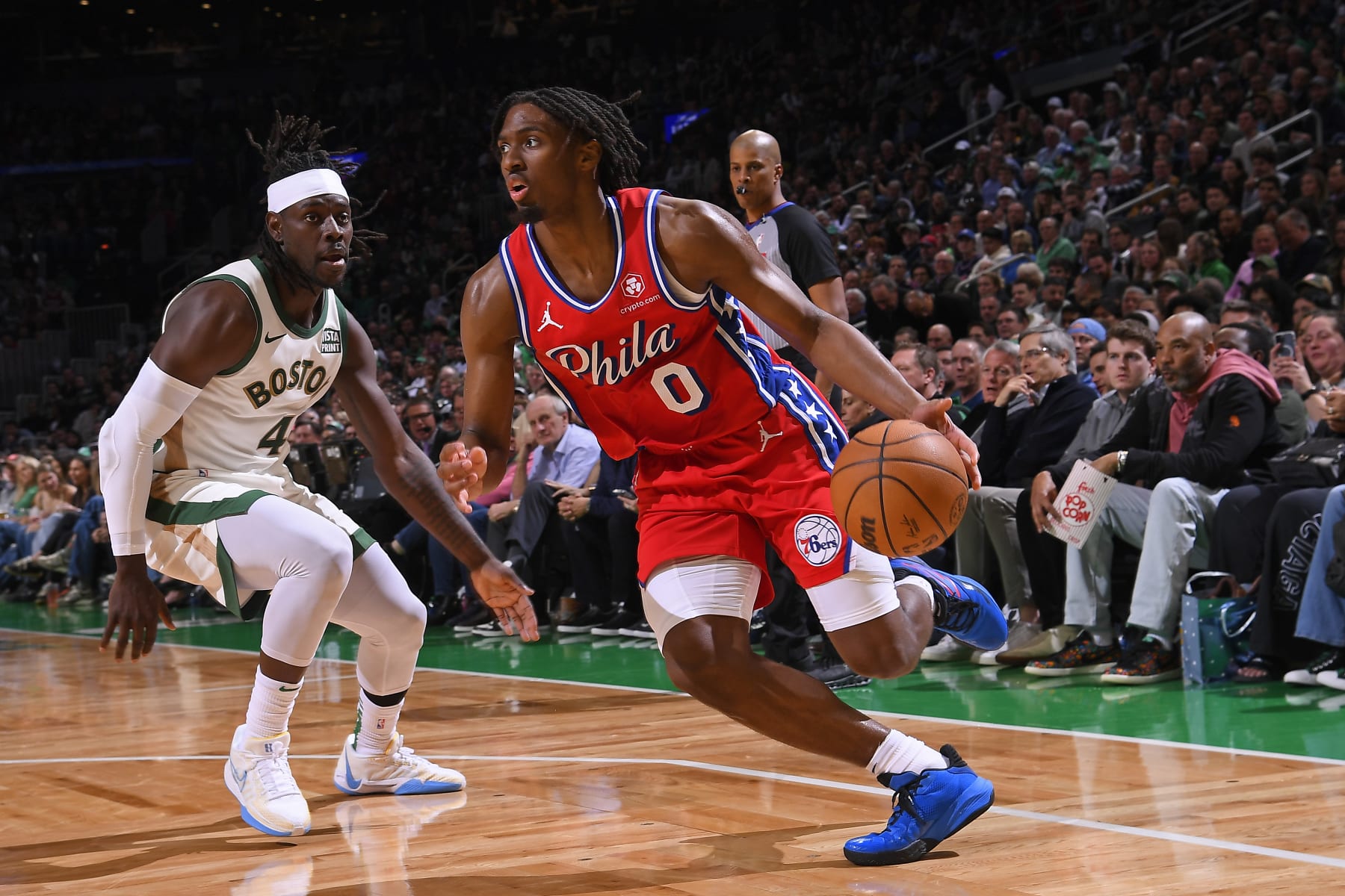 BOSTON, MA - FEBRUARY 27: Tyrese Maxey #0 of the Philadelphia 76ers handles the ball during the game against the Boston Celtics on February 27, 2024 at the TD Garden in Boston, Massachusetts. NOTE TO USER: User expressly acknowledges and agrees that, by downloading and or using this photograph, User is consenting to the terms and conditions of the Getty Images License Agreement. Mandatory Copyright Notice: Copyright 2024 NBAE  (Photo by Brian Babineau/NBAE via Getty Images)