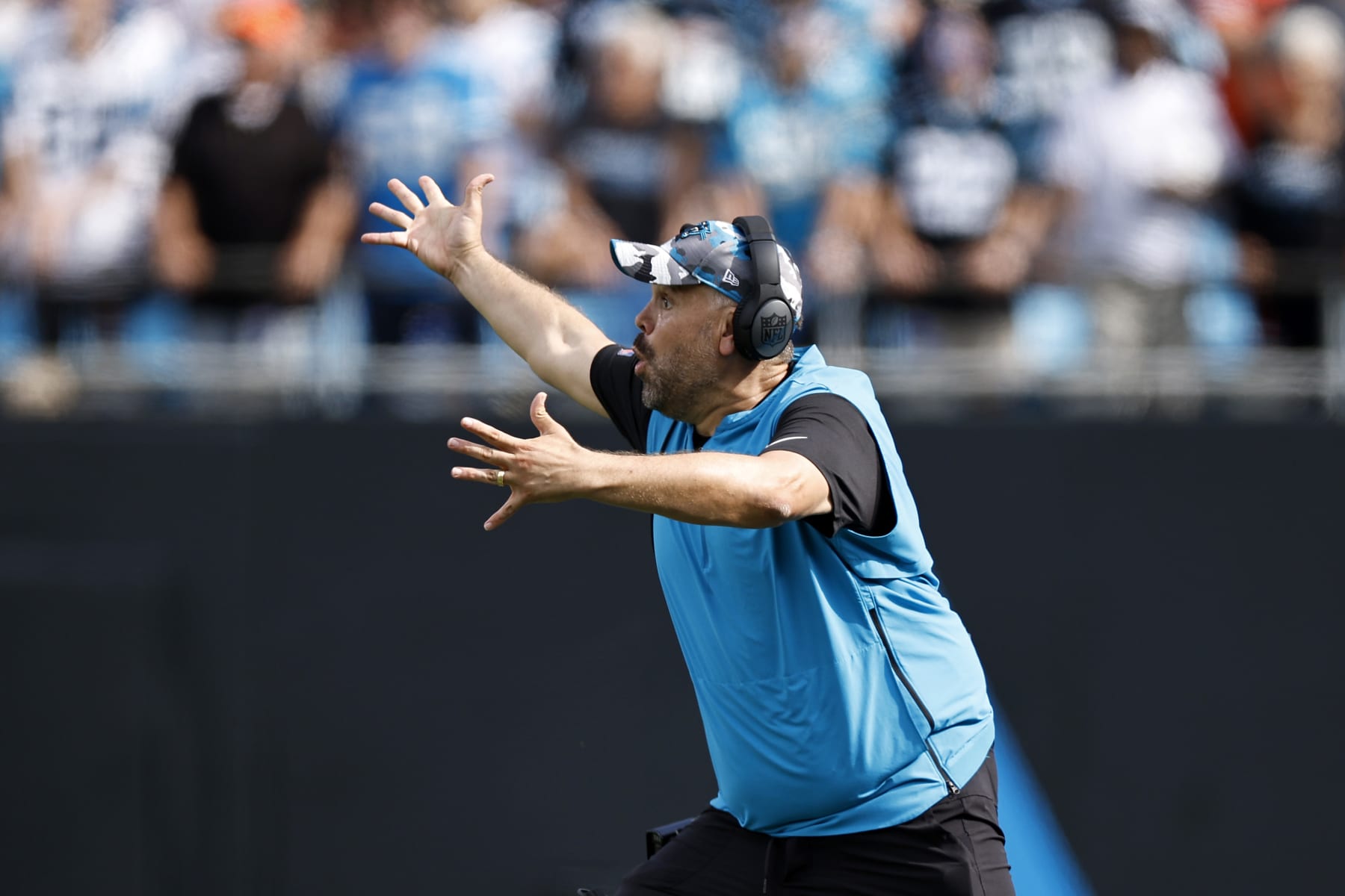 CHARLOTTE, NORTH CAROLINA - SEPTEMBER 11: Head coach Matt Rhule of the Carolina Panthers reacts following a call during the second half of their NFL game against the Cleveland Browns at Bank of America Stadium on September 11, 2022 in Charlotte, North Carolina. (Photo by Jared C. Tilton/Getty Images)